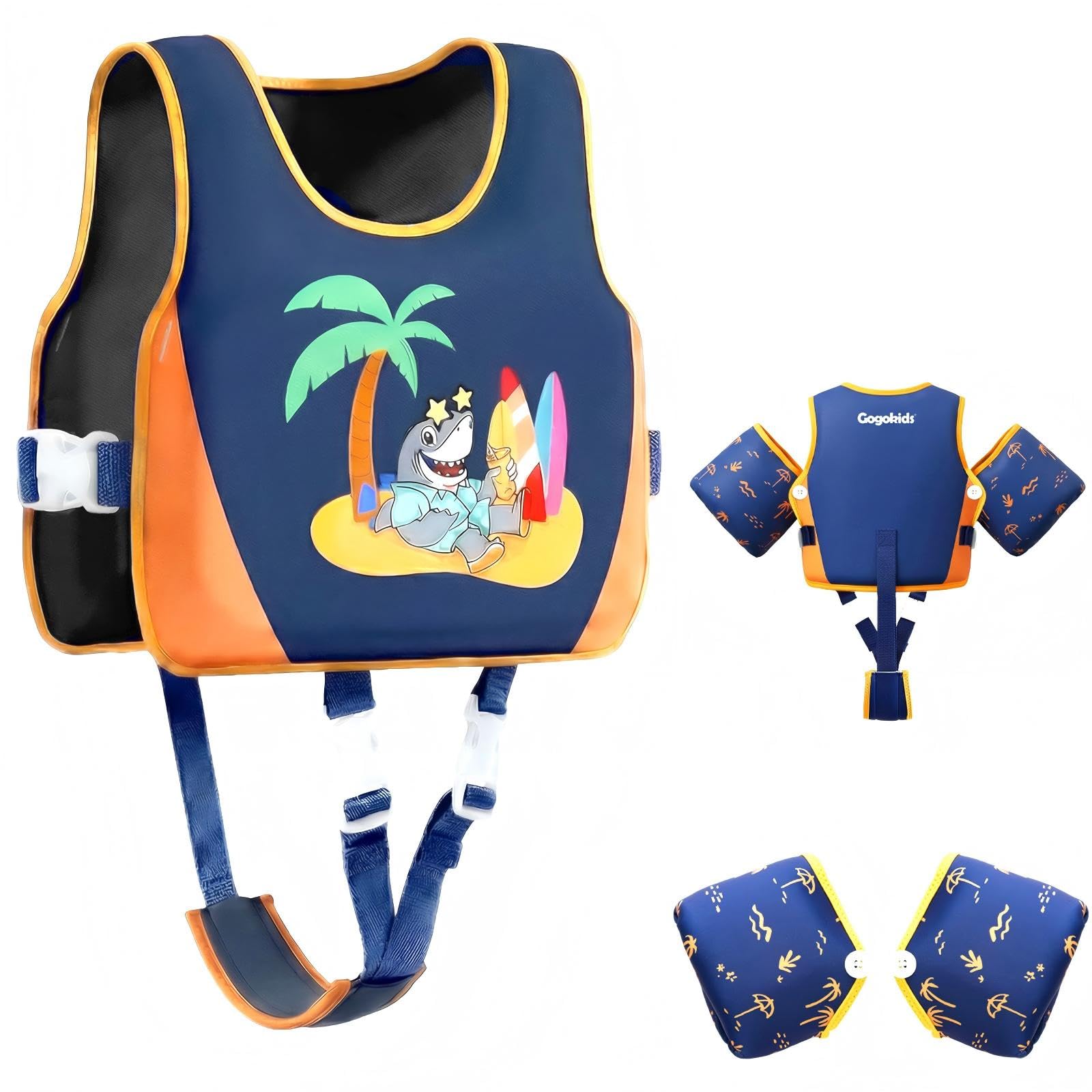Gogokids Kids Swim Vest with Removable Armbands & 8 Buoyancy Pads, Adjustable Flotation Aid for Children 2-6 Years (15-30kg), Non-Inflatable Toddler Arm Floats for Pool & Swimming Lessons
