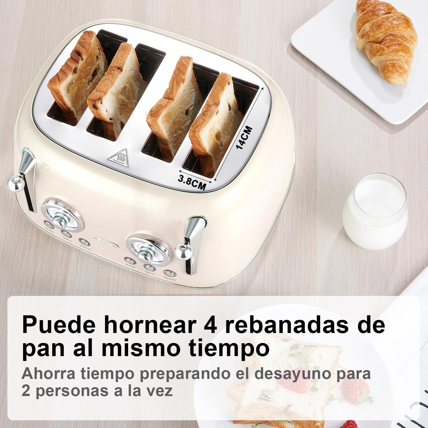 Wiltal Tostadora de 4 rebanadas, tostadora retro, carcasa de acero inoxidable, con accesorio integrado para panecillos, con tapa, grado de tostado 1-6, función de descongelación, bandeja recogemigas