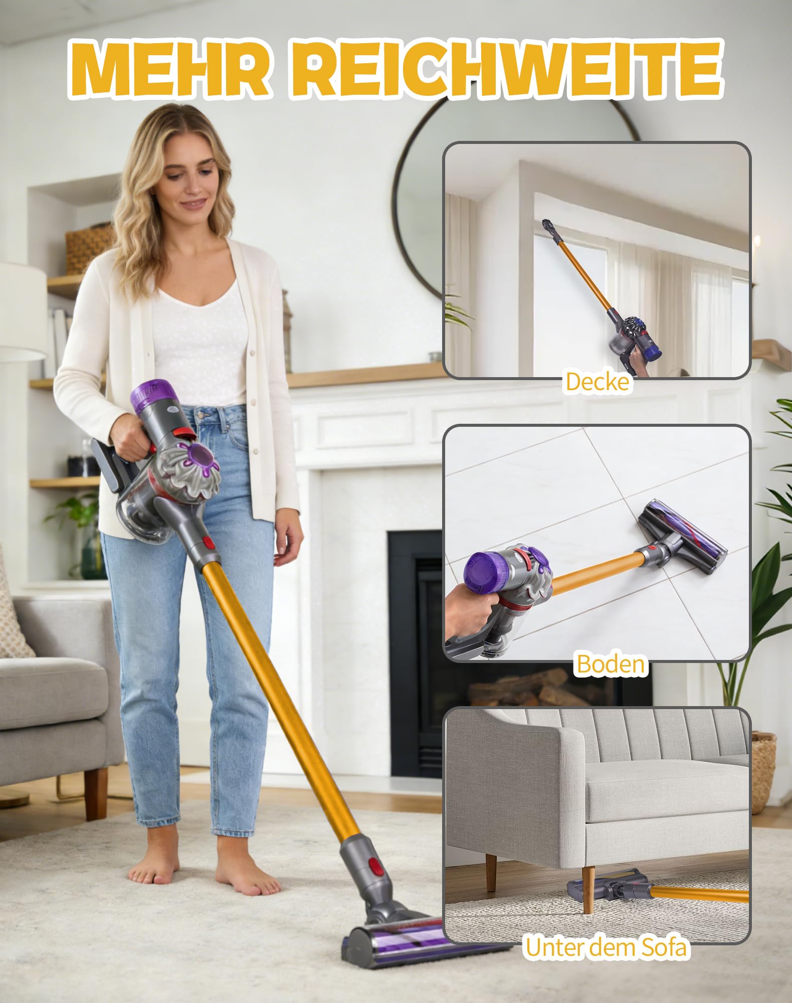 Verlängerungsrohr für Dyson V7 V8 V10 V11 V15 – Ersatz-Rohr aus Aluminium, Schnellverschluss, Robust & Leise, 72.5 cm, Gelb