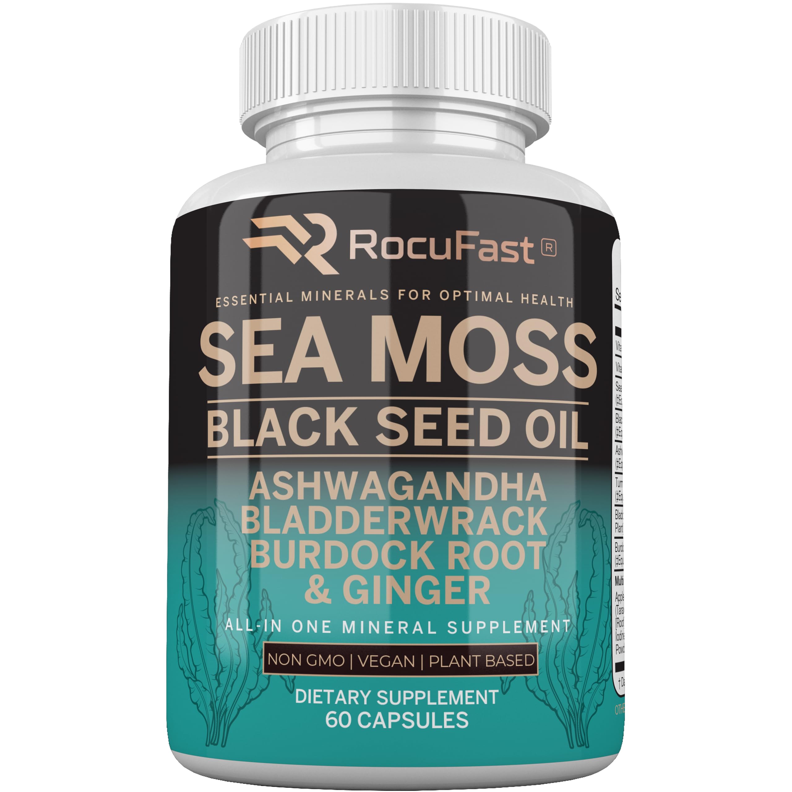 3000mg Sea Moss with Black Seed Oil, 2000mg Bladderwrack Burdock Root Ginger Turmeric, 60 Vegan Capsules