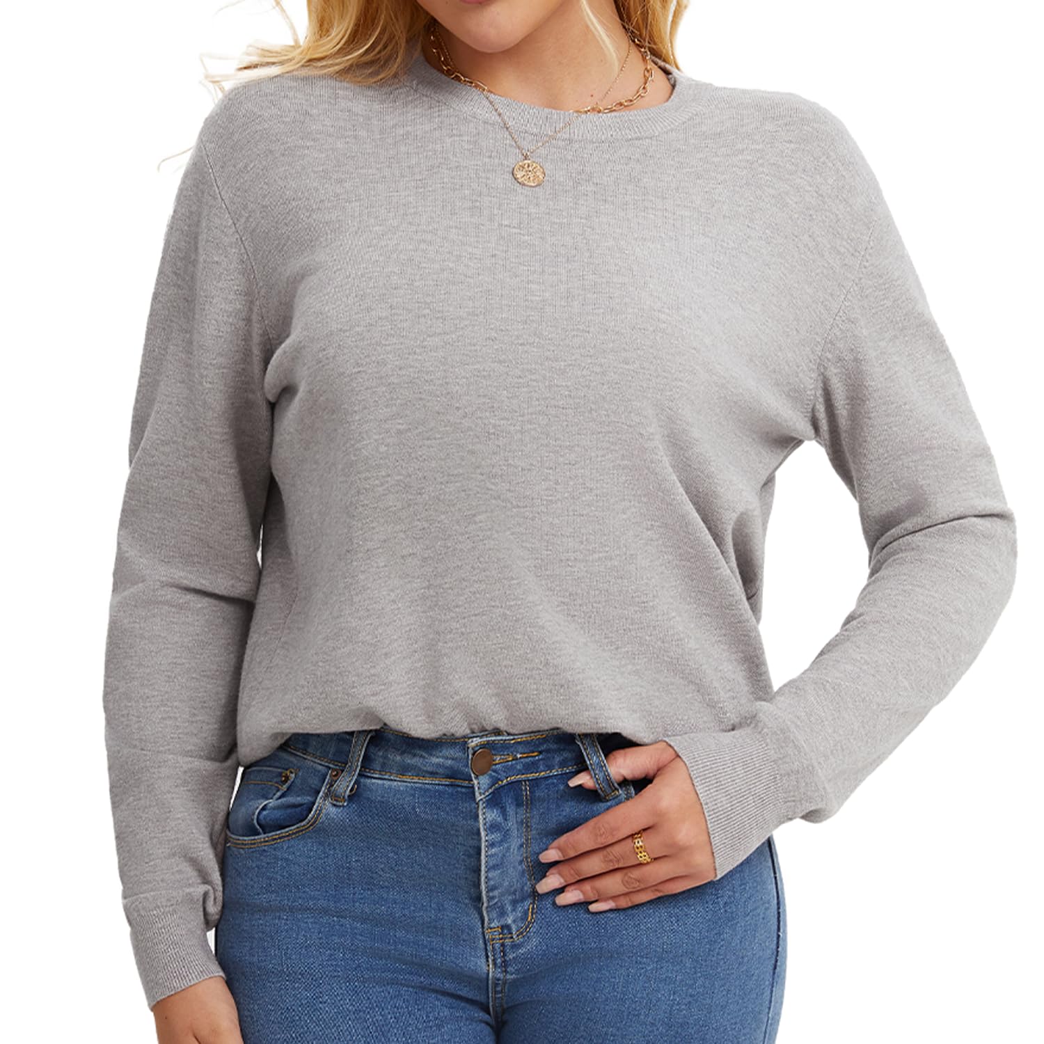 MMYOMI Ladies Crewneck Knitted Jumper Sweater Casual Long Sleeve Pullover Lightweight Classic Blouse Tops