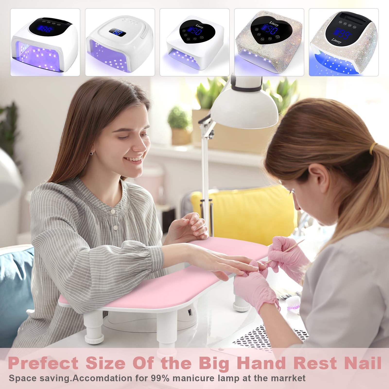 Bracciolo per Nail Tech, regolabile in altezza a forma di U per manicure, grande poggia mano in pelle PU in microfibra per nail tech, bracciolo professionale per salone di bellezza (bianco) (rosa)