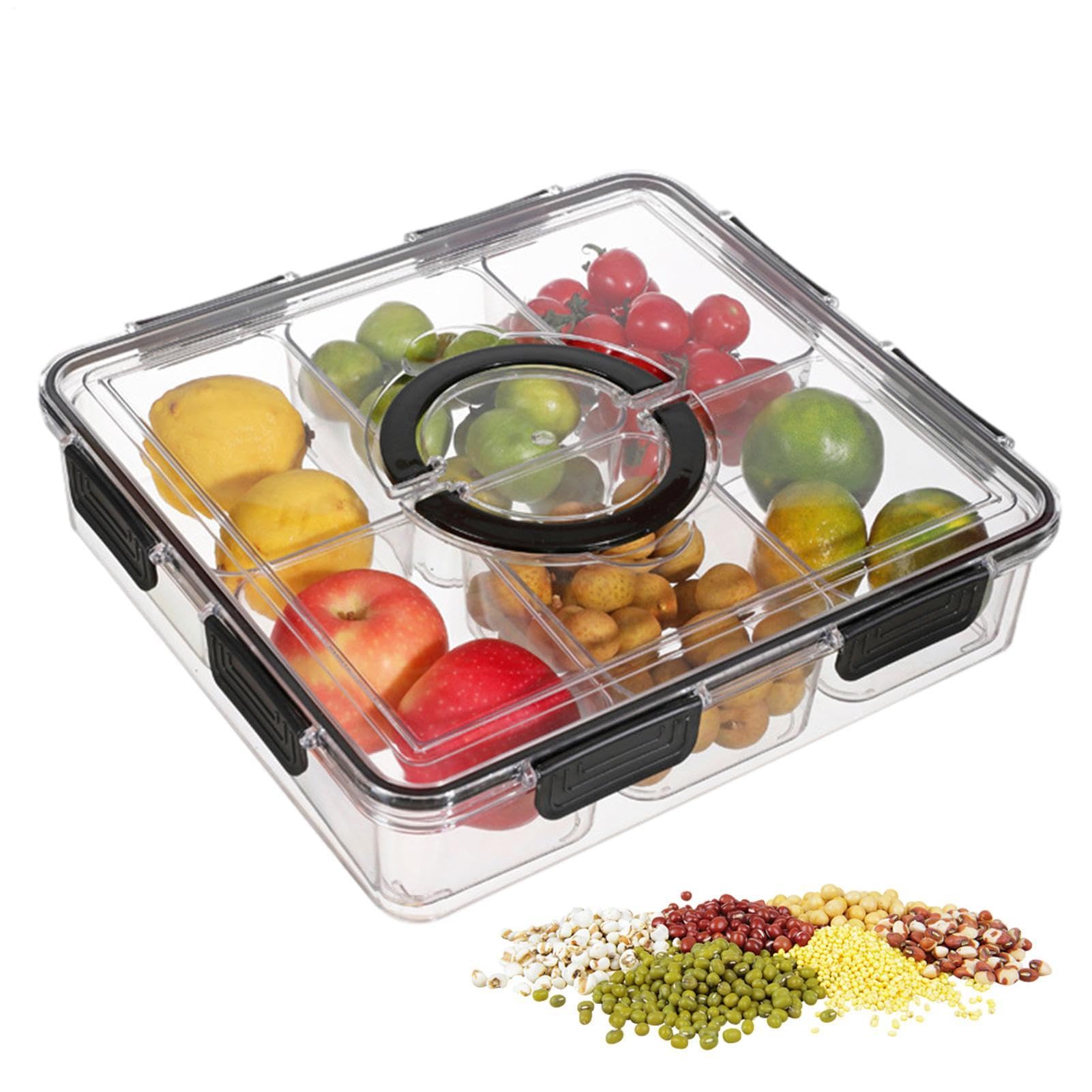 di frutta – Contenitore per salumi da 33,8 x 31,5 x 8 cm, vassoio diviso | conservazione ermetica, portatile, grande per aperitivi, organizer quadrato trasparente con 6 scomparti
