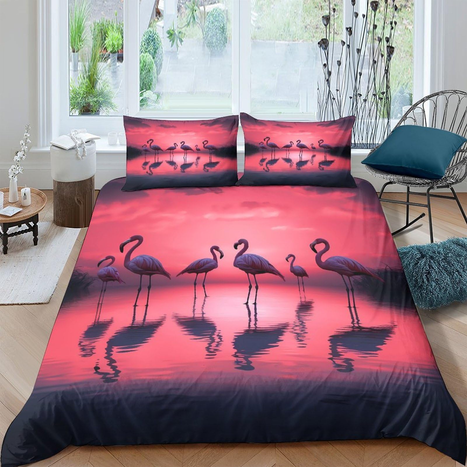 Ctjqhvkz Style-1 3D Printed Pink Flamingo Fitted Sheet Microfiber Soft Bedroom Decor Sunset Lake Mattress Cover Easy Care Single（135X200cm）