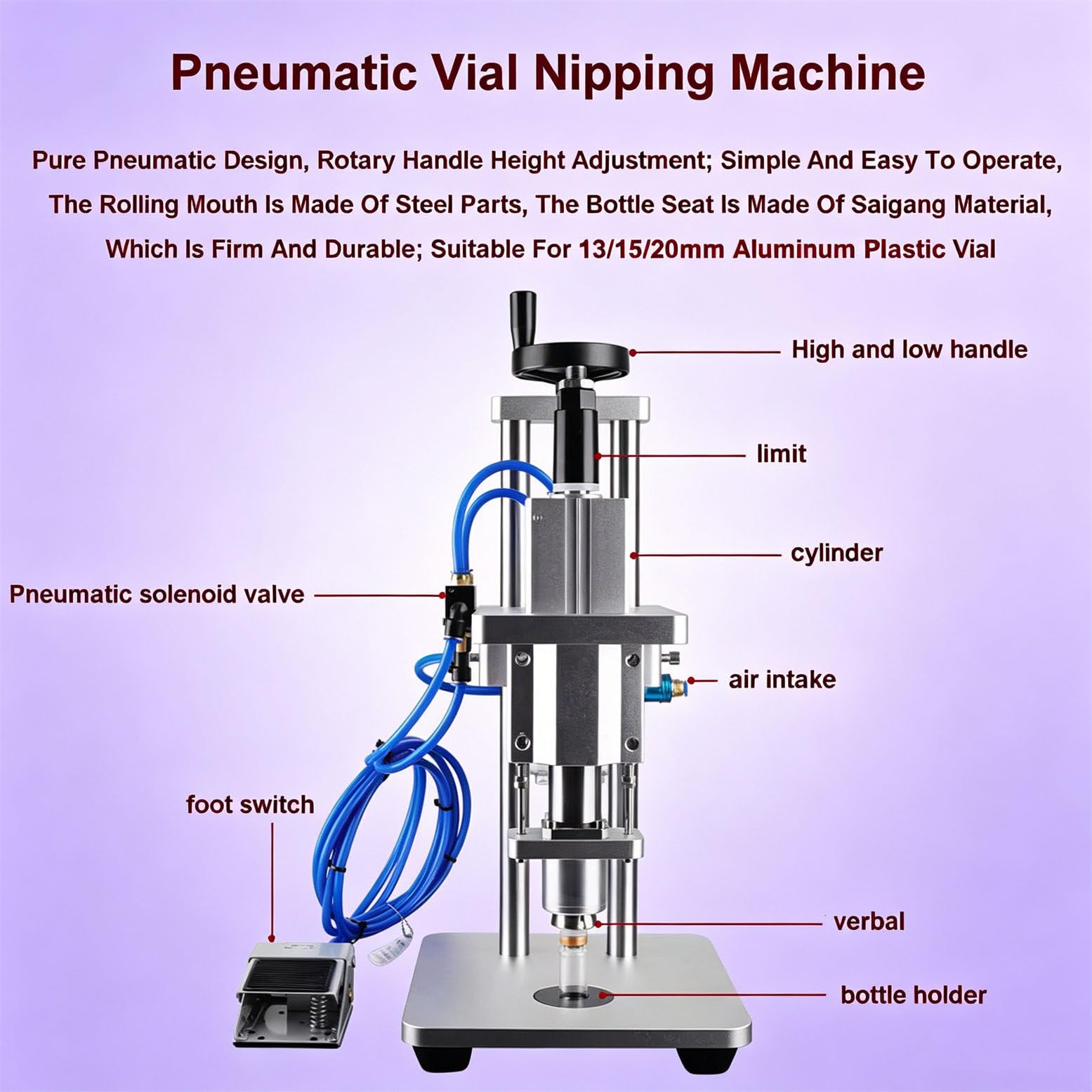 Máquina taponadora neumática automática, taponadora de Cilindros CS80 para Tapones de Rosca de 13-20 mm, selladora de Botellas para Laboratorio de perfumería, de sobremesa. 20mm