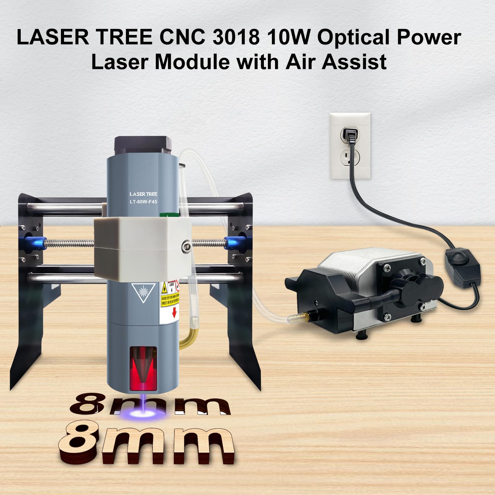 LASER TREE CNC 3018 Lasermodul Kit, 10W optische Leistung Laserkopf mit Luftunterstützung, feste Brennweite 45mm Lasergravur-Modul, doppelte Punktverdichtung Kompatibel mit CNC 3018 Maschine, 12V