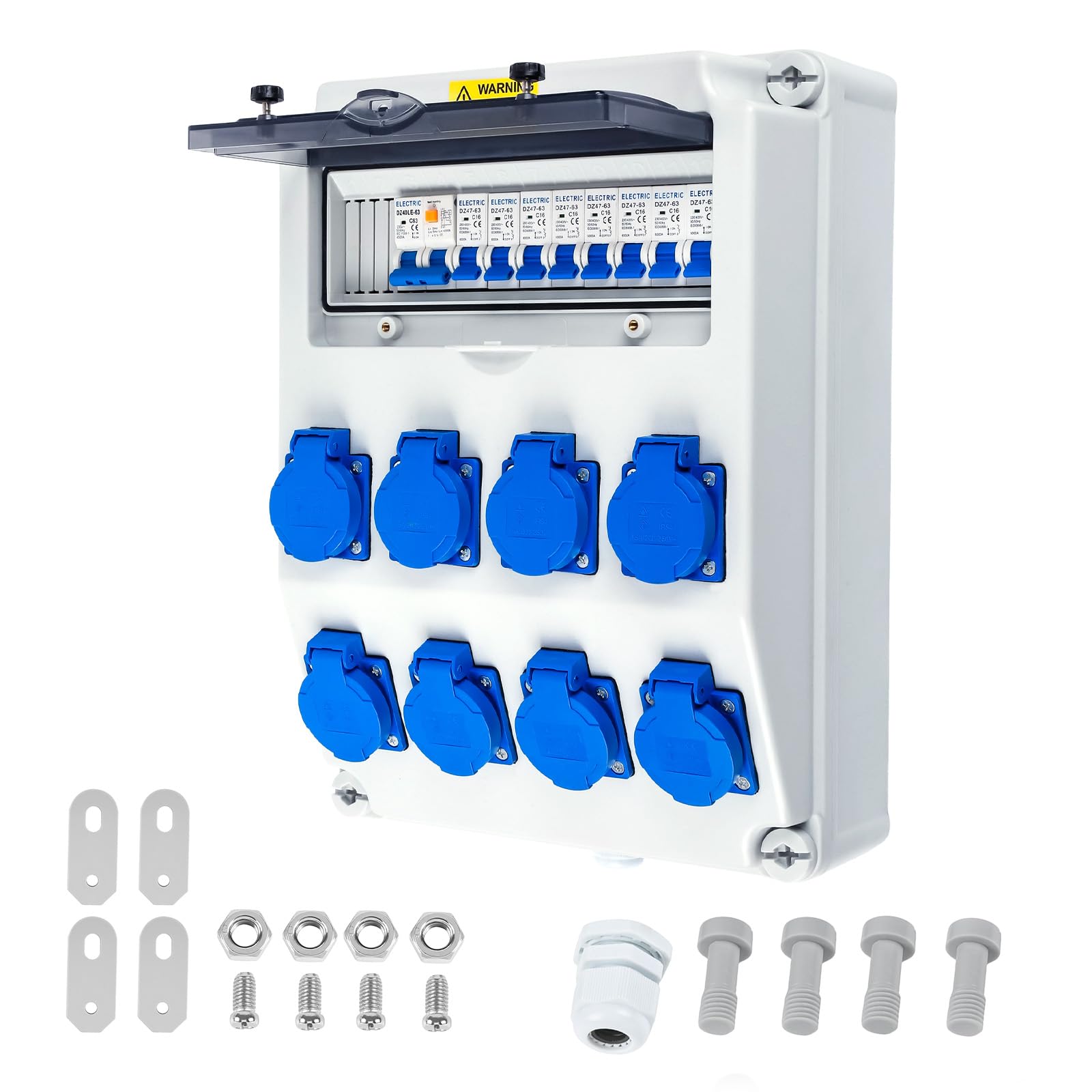 TEOV Baustromverteiler mit LS+FI, Wandverteiler 8x 230V Schuko Steckdosen, IP65/IP44 Wasserdicht Vorverkabelt Stromverteiler, Robuster Verteiler für Innen und Außen Baustelle Werkstätten Fabriken