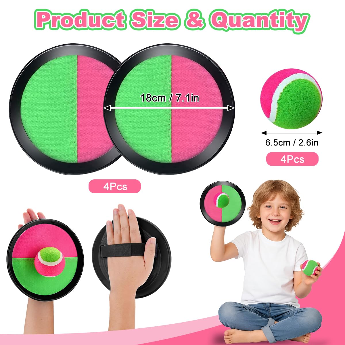 Balle Raquette Scratch Jeux, Jeu de Balle à Attraper Raquette avec 4 Raquettes + 4 Balles, Lancer Catch Ball Jouet Enfants, Jeu de Pagaies et de Lancer pour Jardin Cour Piscine Plage (2 paires)
