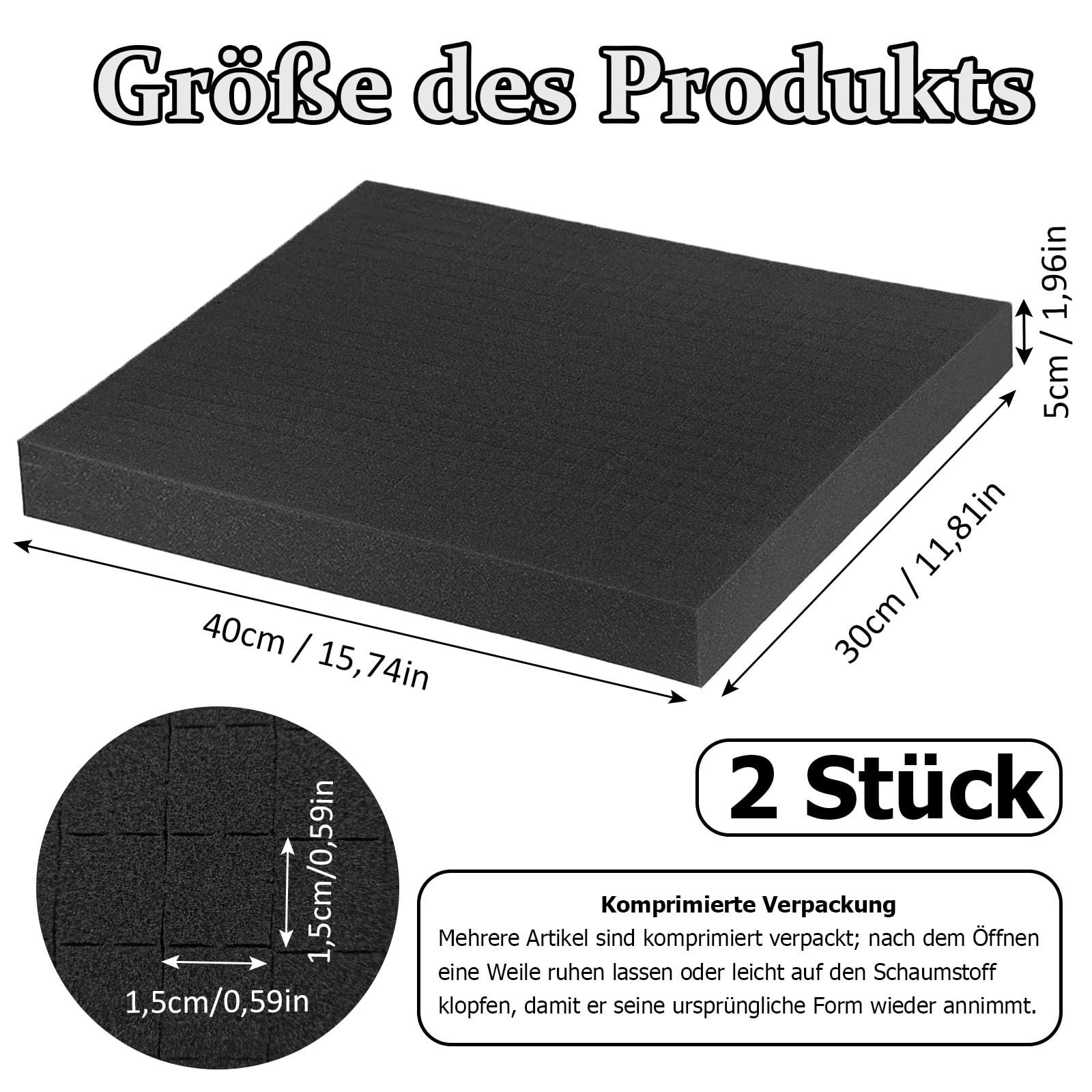 Schiuma a Griglia, 2 Pezzi 400 x 300 x 50 mm Gommapiuma a Griglia, Rete Gomma da Tagliare, Inserto in Schiuma Pretagliato, per Rivestimento interno della confezione, Nero