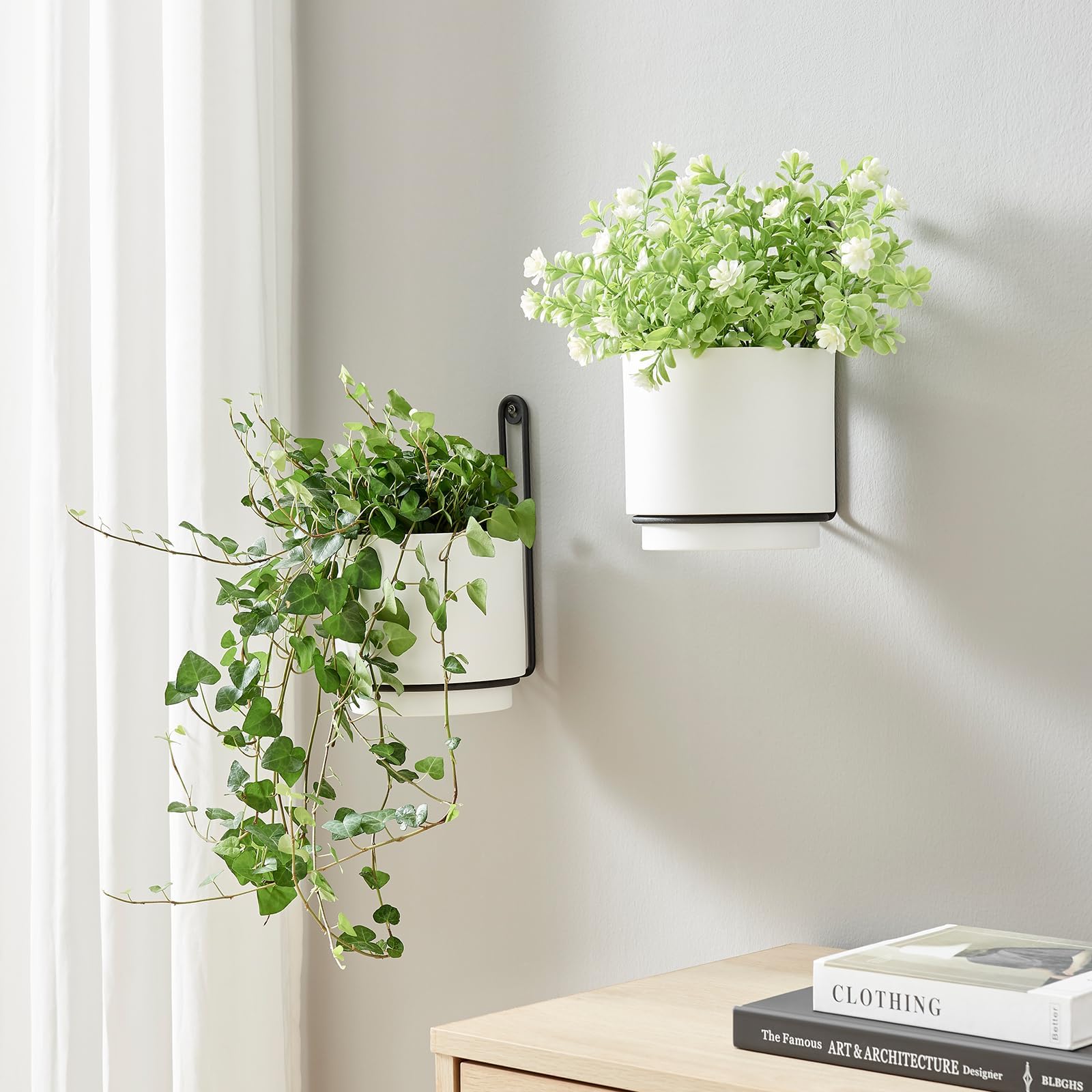 2 Pcs Wall Mounted Hanging Planter Vase for Indoor and Outdoor Plants Modern Metal Wall and Ceiling Planter Minimalist Flower Pot (White, 5.91 inch)