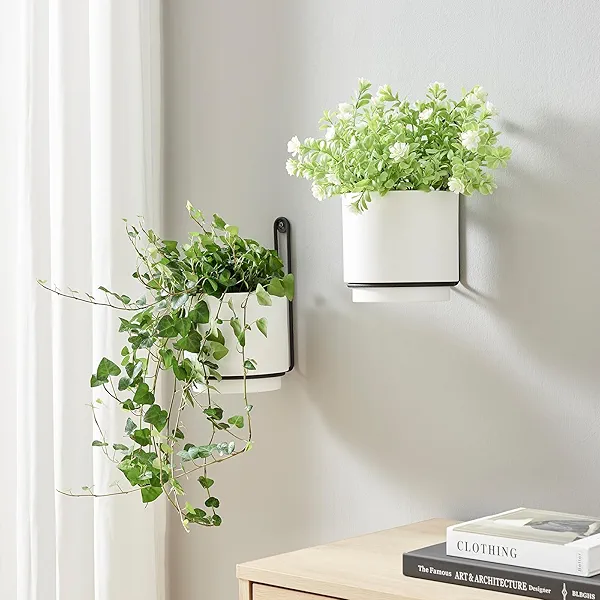 CISEANOL 2 Pcs Wall Mounted Hanging Planter Vase for Indoor and Outdoor Plants Modern Metal Wall and Ceiling Planter Minimalist Flower Pot (White, 5.91 inch)
