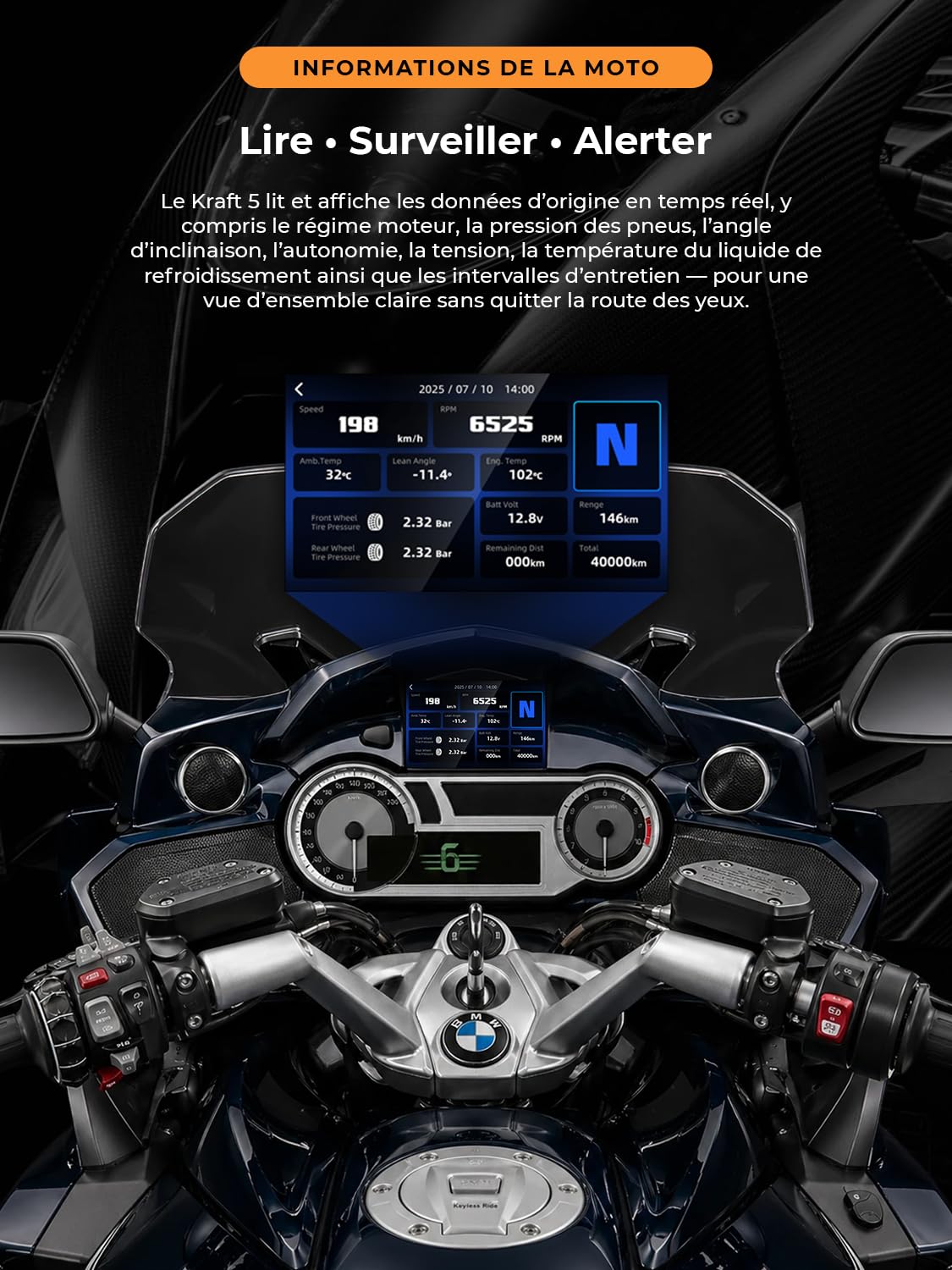 Kraft 5 - Écran Carplay pour Motos BMW RT/K16, CarPlay et Android Auto, Plug & Play | Plug and Play, écran tactile étanche, navigation GPS