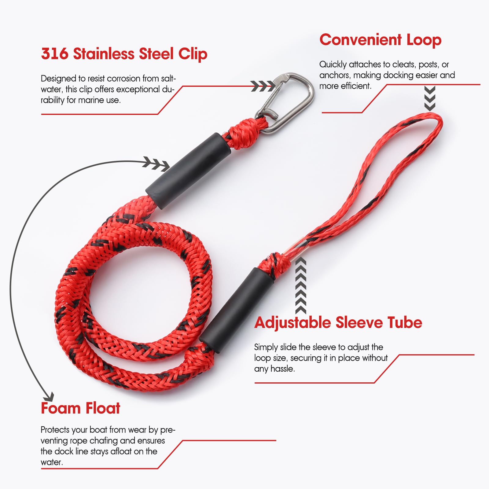Bungee Dock Lines, Boat Dock Rope, Jet Ski Accessories with Stainless Clip for for Jet Ski (Black Red)