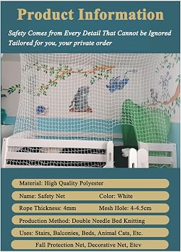 Bunk Bed Safety Net for Top Bunk, White Anti-Fall Netting, Knotless Fence Net for Balcony Banister Guard, Kids Playground Railing Protective Net(Size:1.5M×1M(5FT×3.3FT),Color:White)