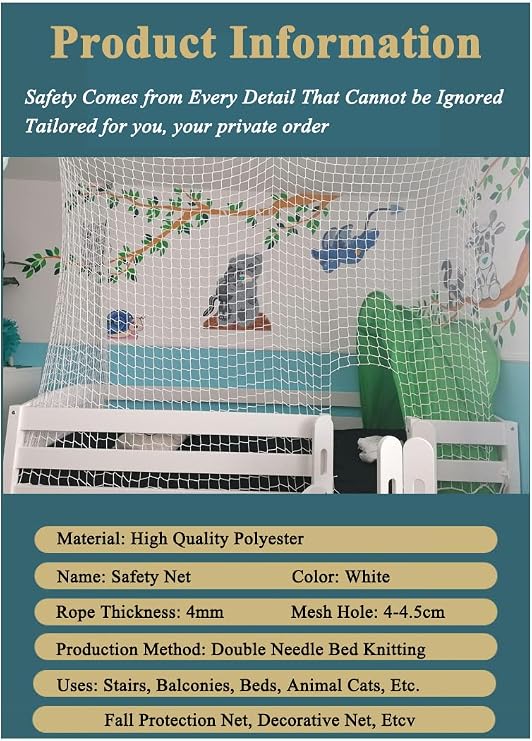 Bunk Bed Safety Net for Top Bunk, White Anti-Fall Netting, Knotless Fence Net for Balcony Banister Guard, Kids Playground Railing Protective Net(Size:1.5M×1M(5FT×3.3FT),Color:White)