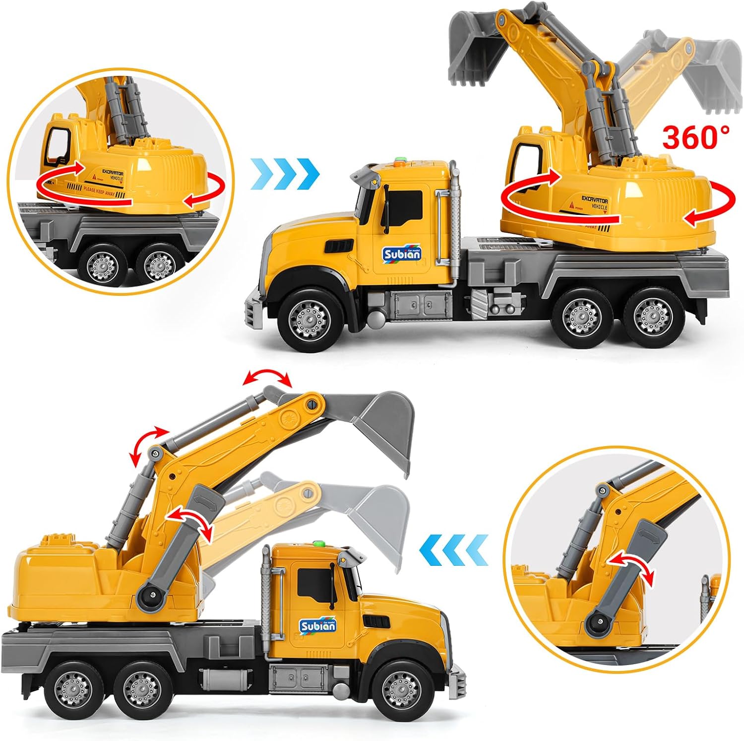 Kids Excavator Toy, 12 in Toddler Excavator Truck, Friction Powered Digger Play Truck with Lights and Sounds, Construction Vehicle Gift for Boys Girls 3 4 5 6 7 8 Year