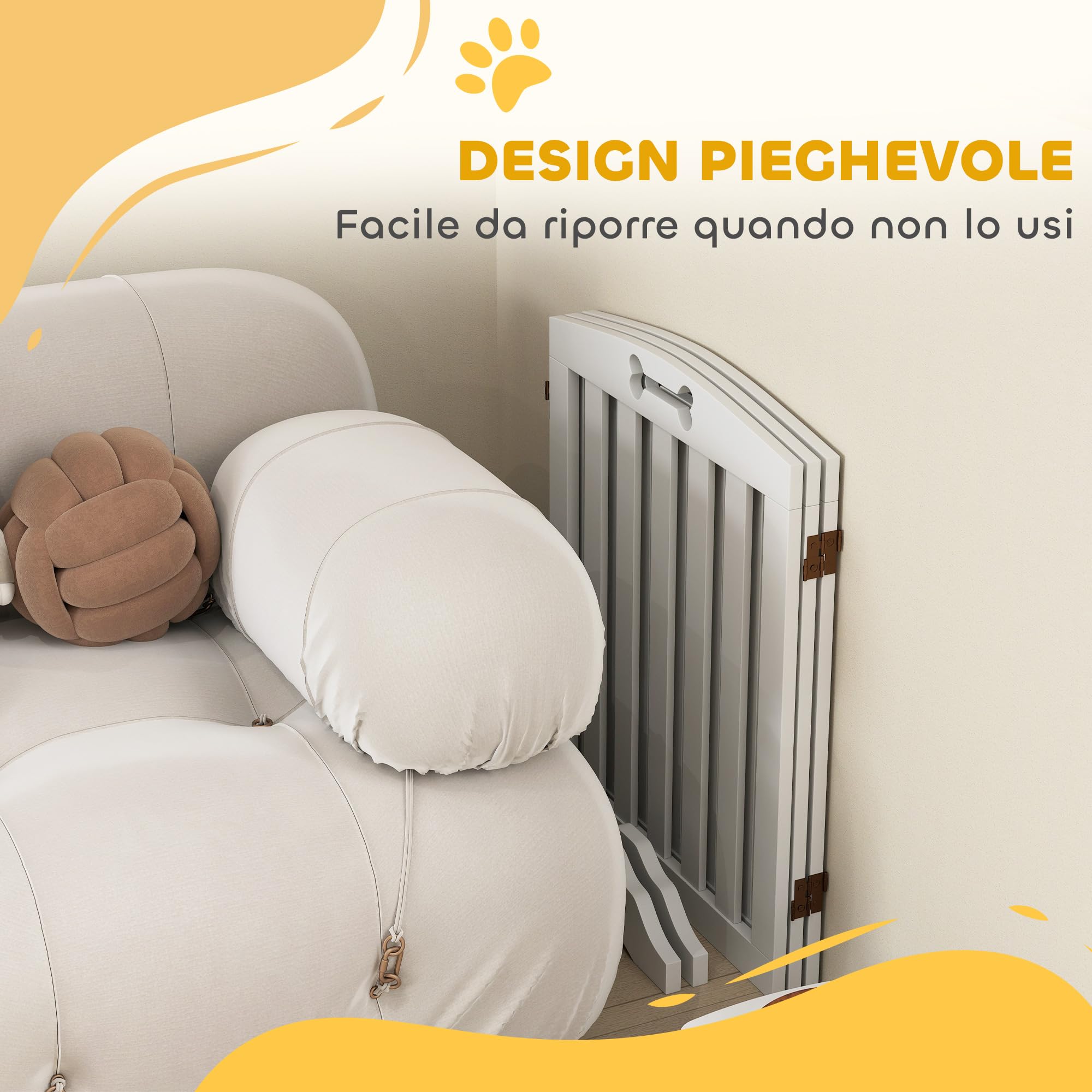 PawHut Cancellino per Cani Pieghevole a 3 Pannelli 155x30x61 cm Bianco | 2 Supporti, Cancelletto di Sicurezza in MDF, Da Interno
