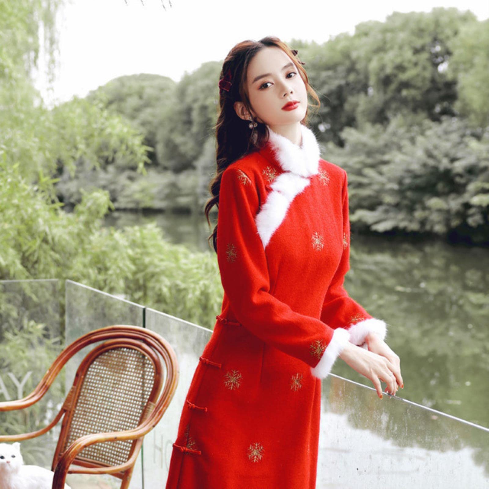 MOOCO MORNINGMOOCO MORNING Qipao Women Red Pink Autumn Chinese Dress Hanfu Cheongsams China Style Robe Orientale Modern Harajuku
