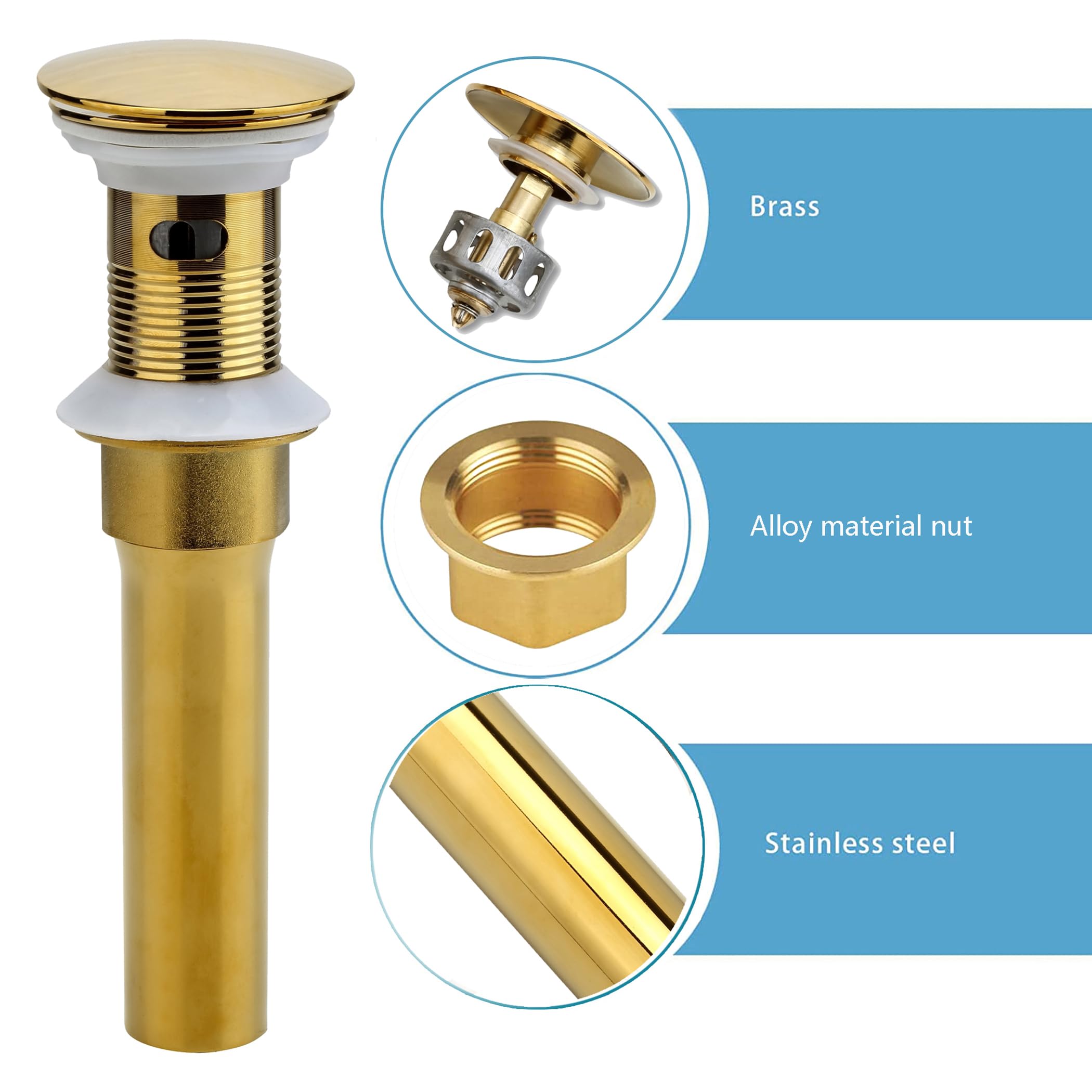 Rockgoya Bathroom Sink Drain, 2 Pack Gold Drain Stopper Bathroom Sink With Overflow, Pop Up Drain Assembly with Detachable Strainer Basket, Built-in Anti-Clogging Strainer,Stainless Steel