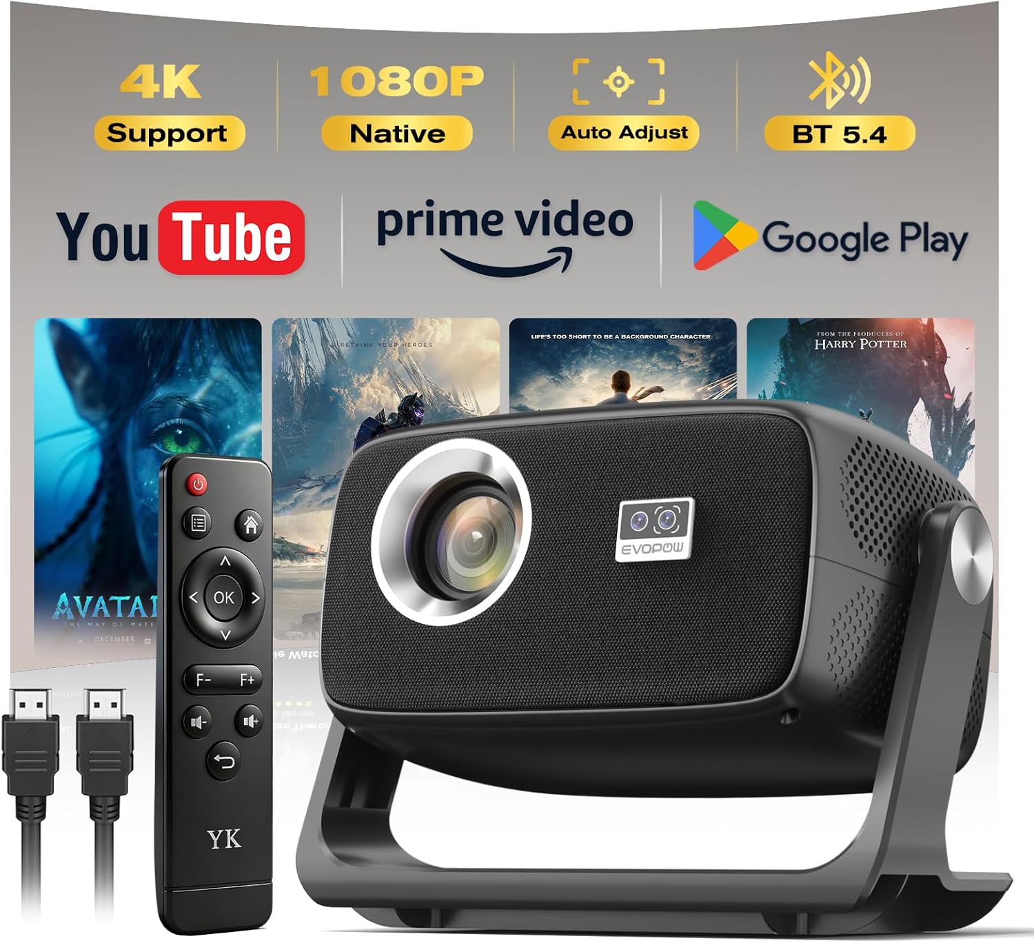 [Built in APP & Auto Focus] Native 1080P 4K Support Projector with Bluetooth 5.4 and Wifi 6 Portable Full HD, 180° Ceiling Rotation, Auto Keystone 1000 ANSI Movie Projector for Bedroom, Home, Outdoor