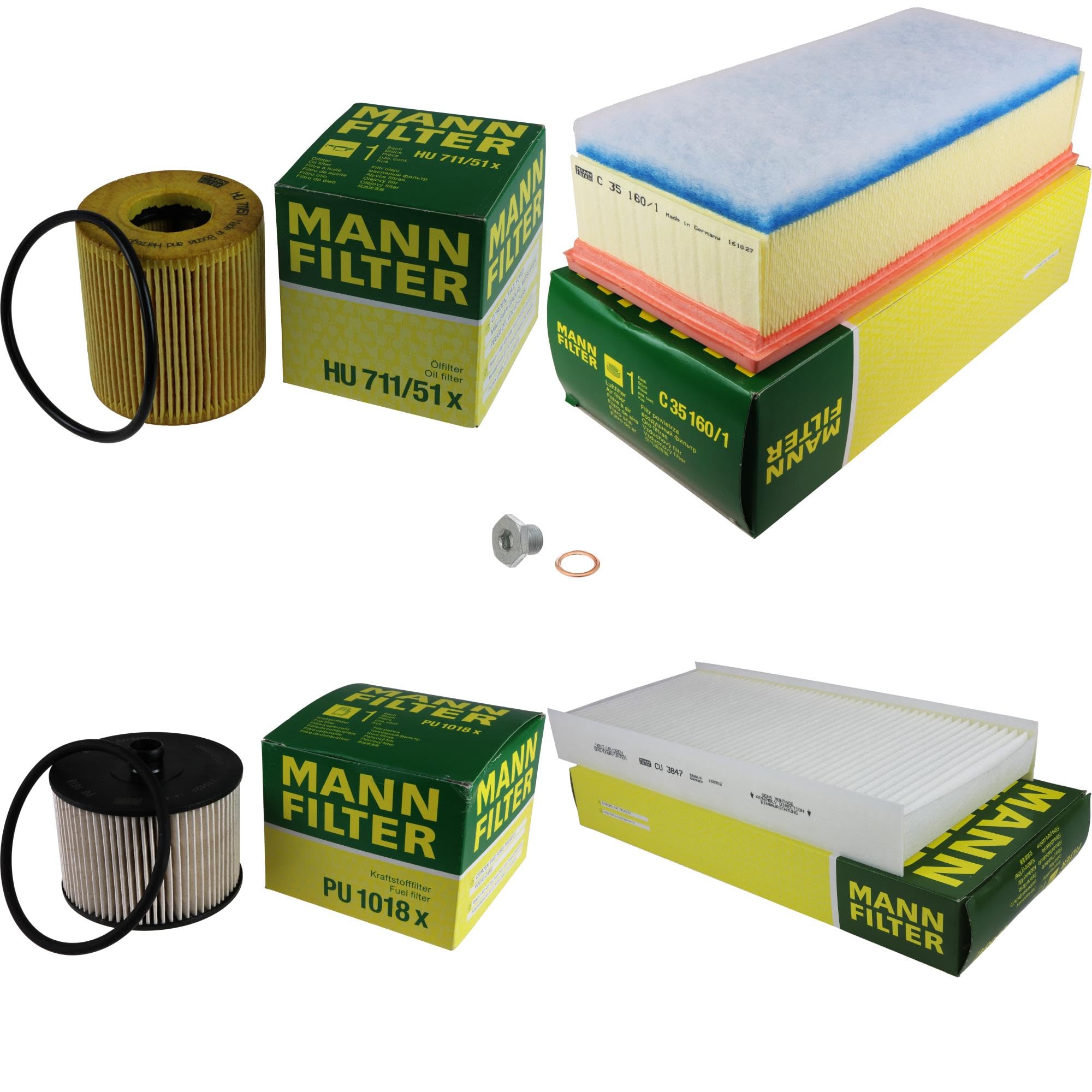 Paquete de inspección Kit de mantenimiento de filtros con filtro de aceite HU 711/51 x, filtro de aire C 35 160/1, filtro de combustible PU 1018 x, filtro de habitáculo CU 3847, tornillo de