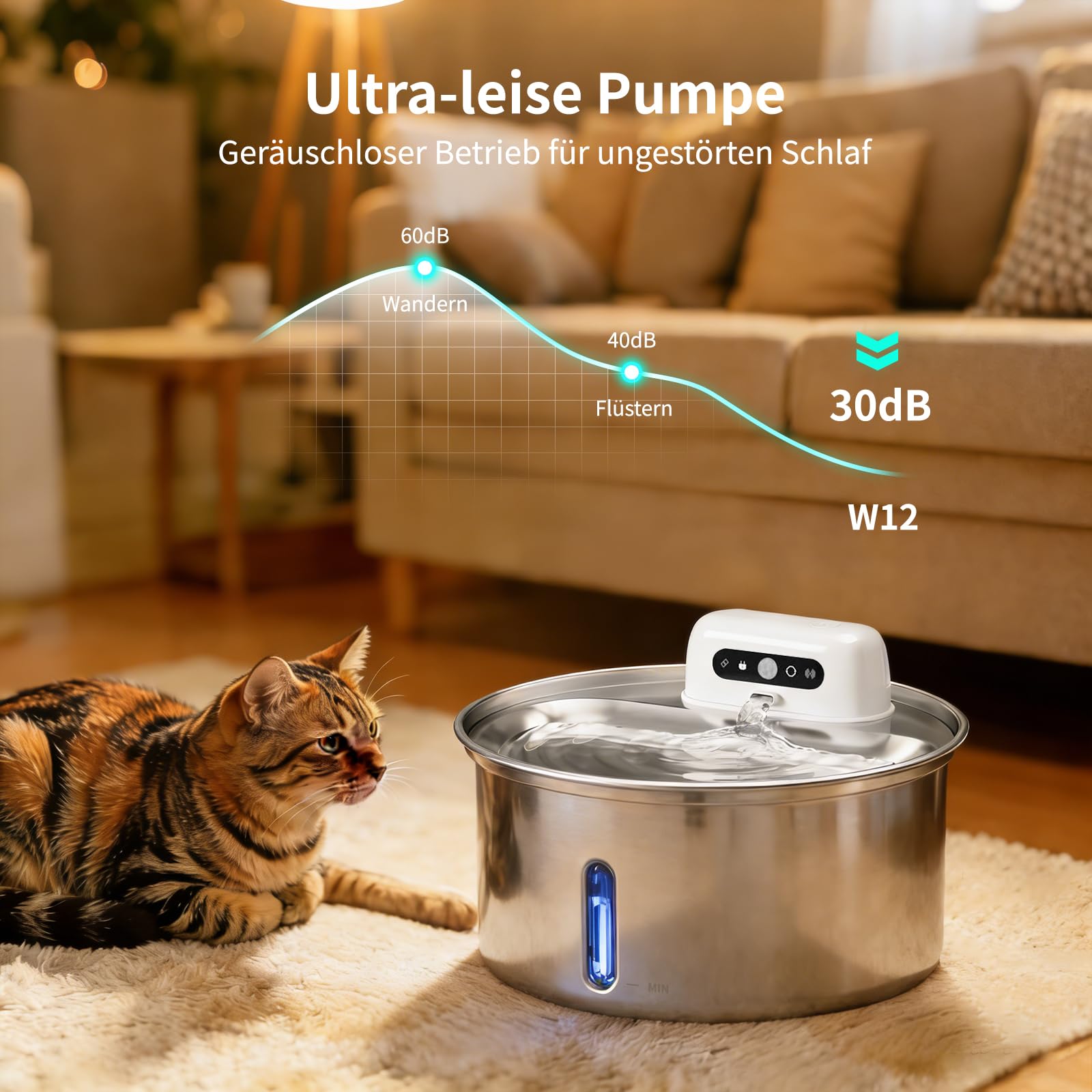 Katzenbrunnen Edelstahl 3.2L, Kabelloser Trinkbrunnen für Katze mit 4000mAh Akku, Wasserbrunnen für Katzen mit Bewegungsmelder, Leise & Spülmaschinenfester, Katzentrinkbrunnen für Hunde