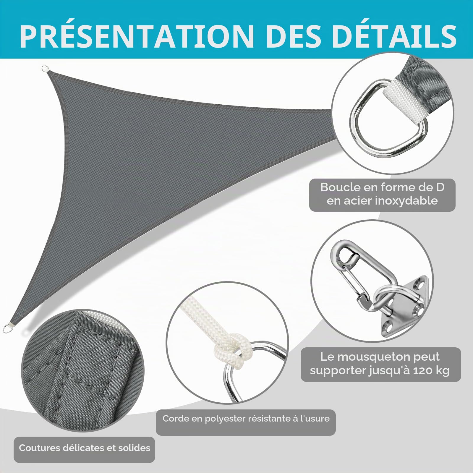 Voile D'ombrage Triangulaire 4x4x4m Avec Kit Fixation, Toile Ombrage Triangulaire Imperméable, Protection Solaire Et Anti UV, Toile D'ombrage Sans Perçage Convient aux Terrasse,Jardins et Serres（Gris）
