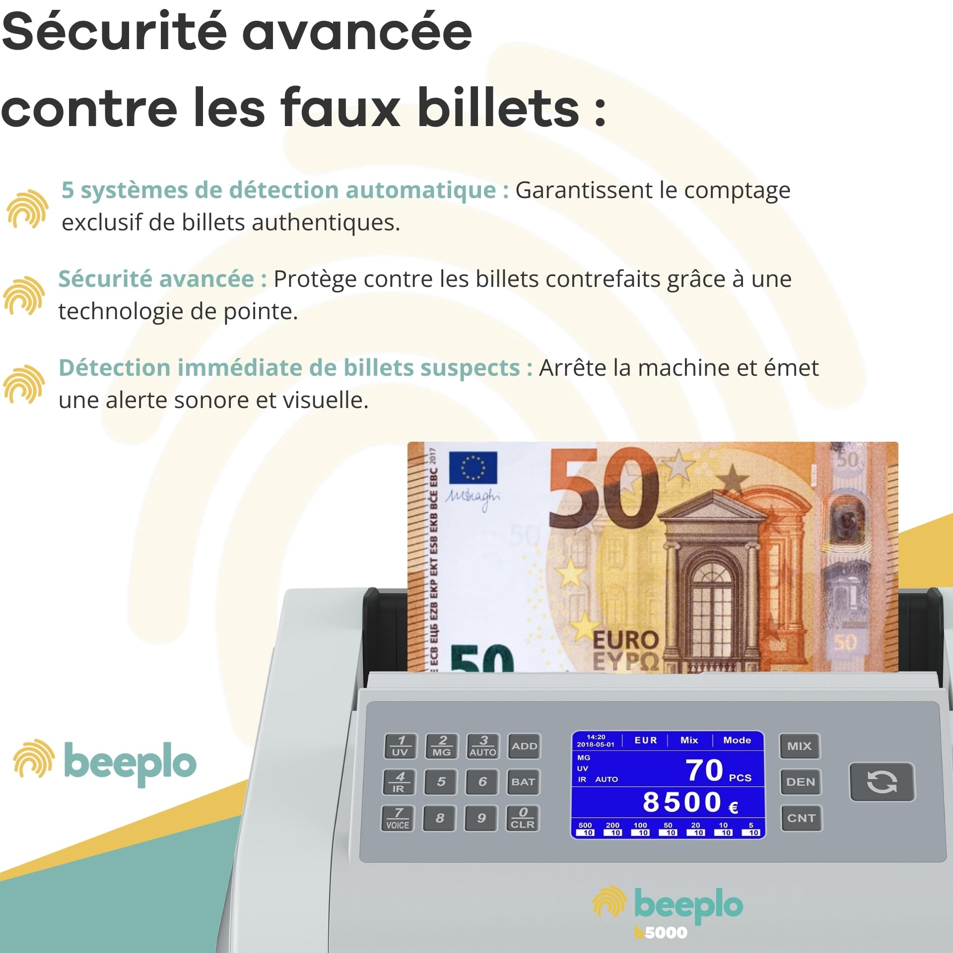 b5000 Compteuse Totalisatrice de Billets EUR | 5 Systèmes de Détection, Compte et Totalise, Détecte les Billets, Précision Totale, Garantie 4 ans
