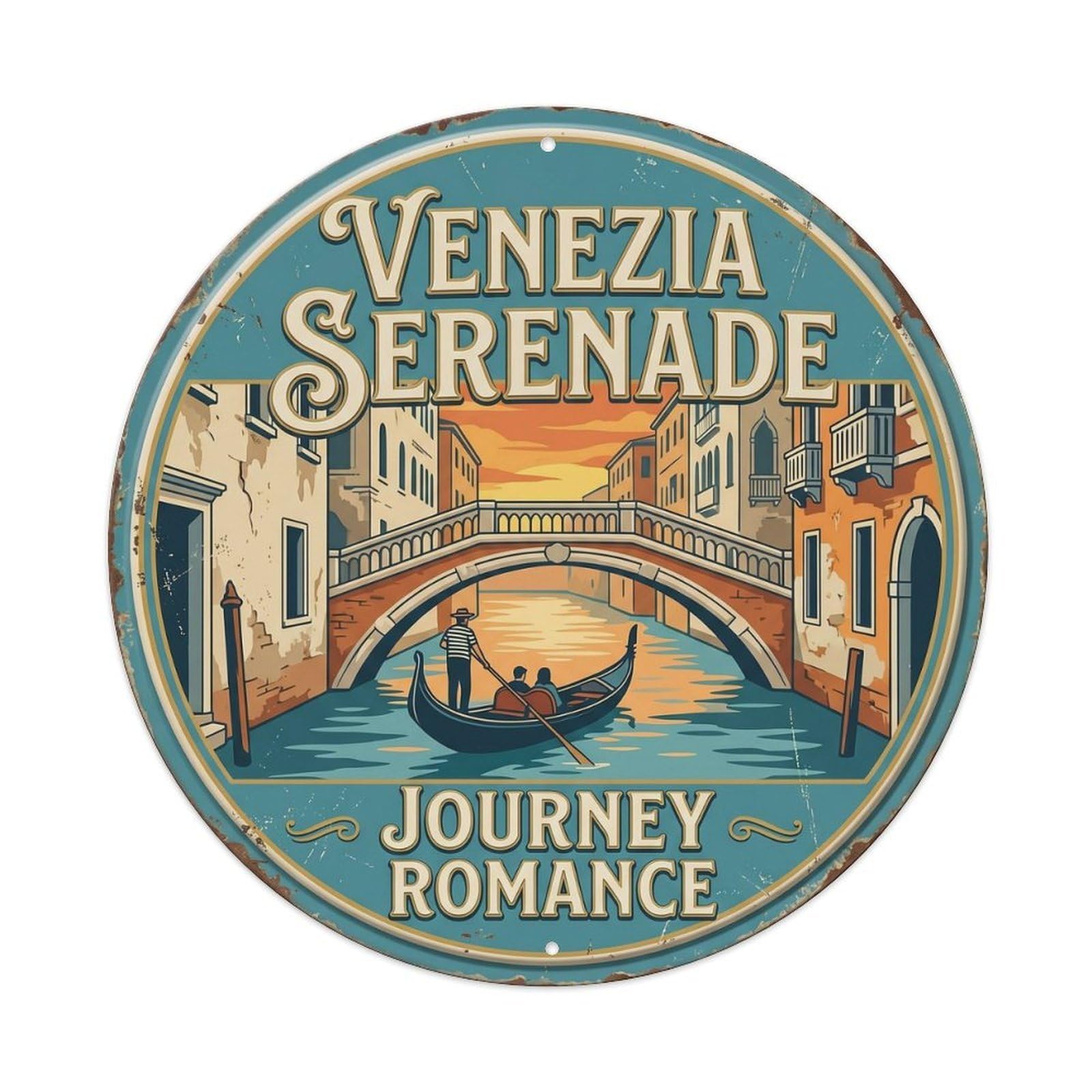 Gondola Serenade Journey Venice Waterway Metal Tin Sign Plaque Wall Decor for Cafe, Club, Garden Round Metal Poster 8x8Inch