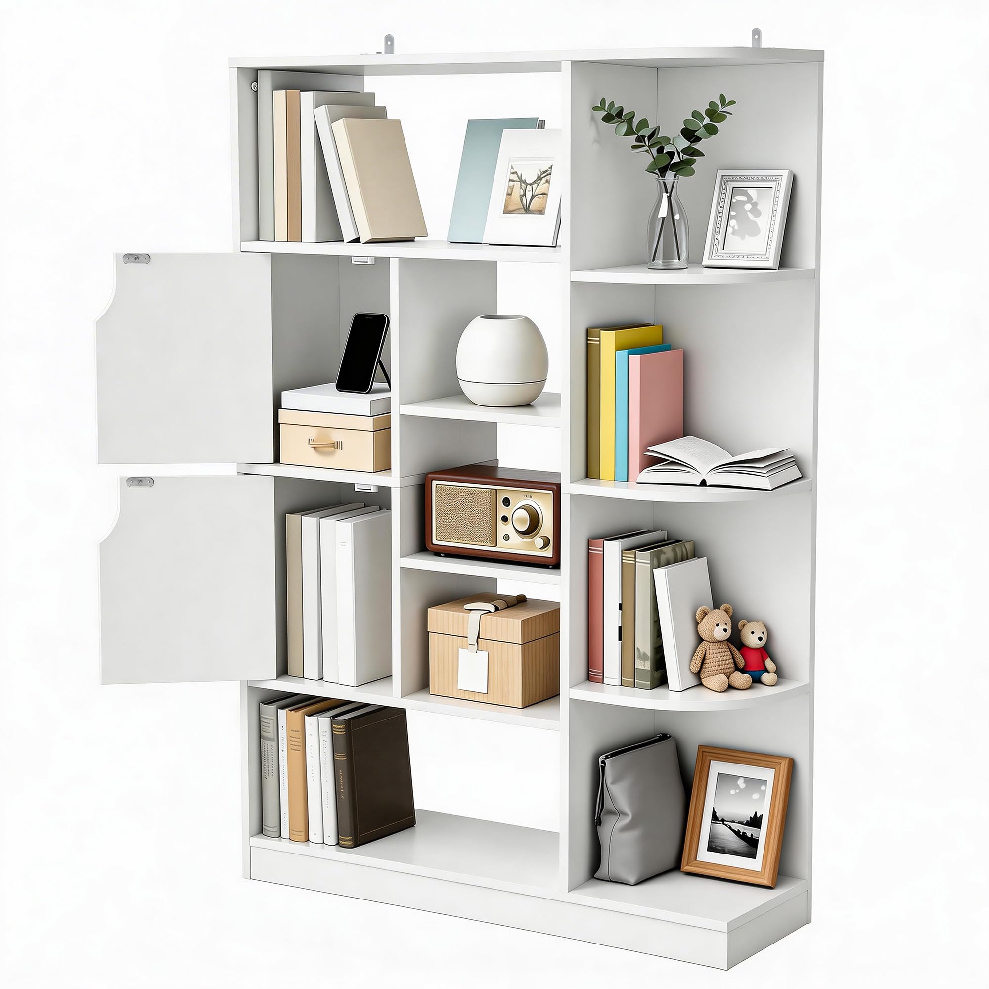 YITAHOME Librería Independiente con 9 estantes Abiertos y 2 Puertas (tapizada) para salón, Dormitorio u Oficina, Blanco, 80 × 24 × 120 cm (Ancho × Profundidad × Alto)