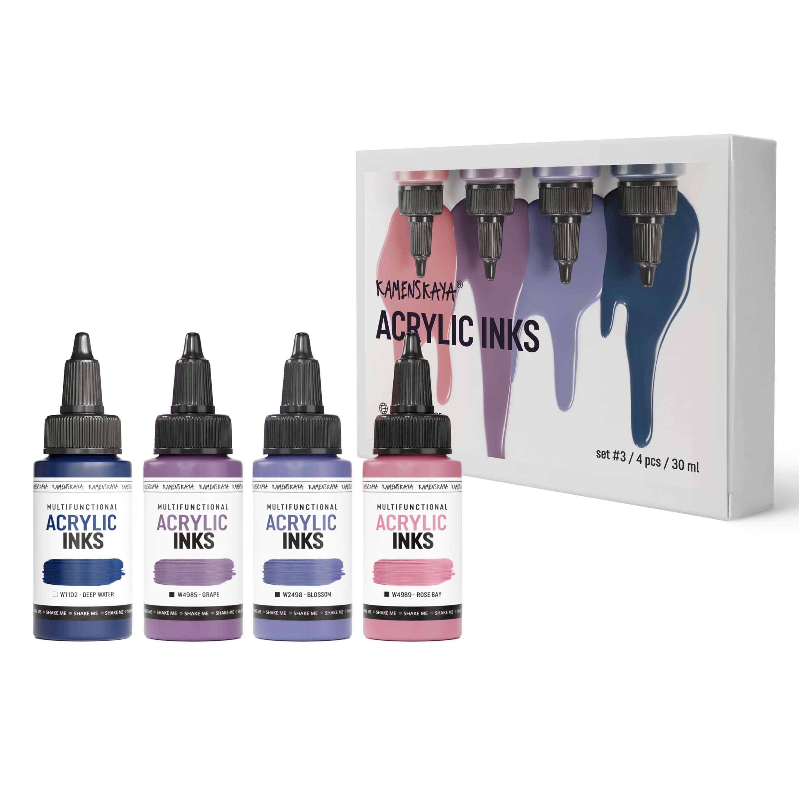 Kamenskaya Acrylic Inks for Artists - Acrylic Ink Set, Color Combination #3-4 pcs. 1 Fl Oz (30 ml) Each