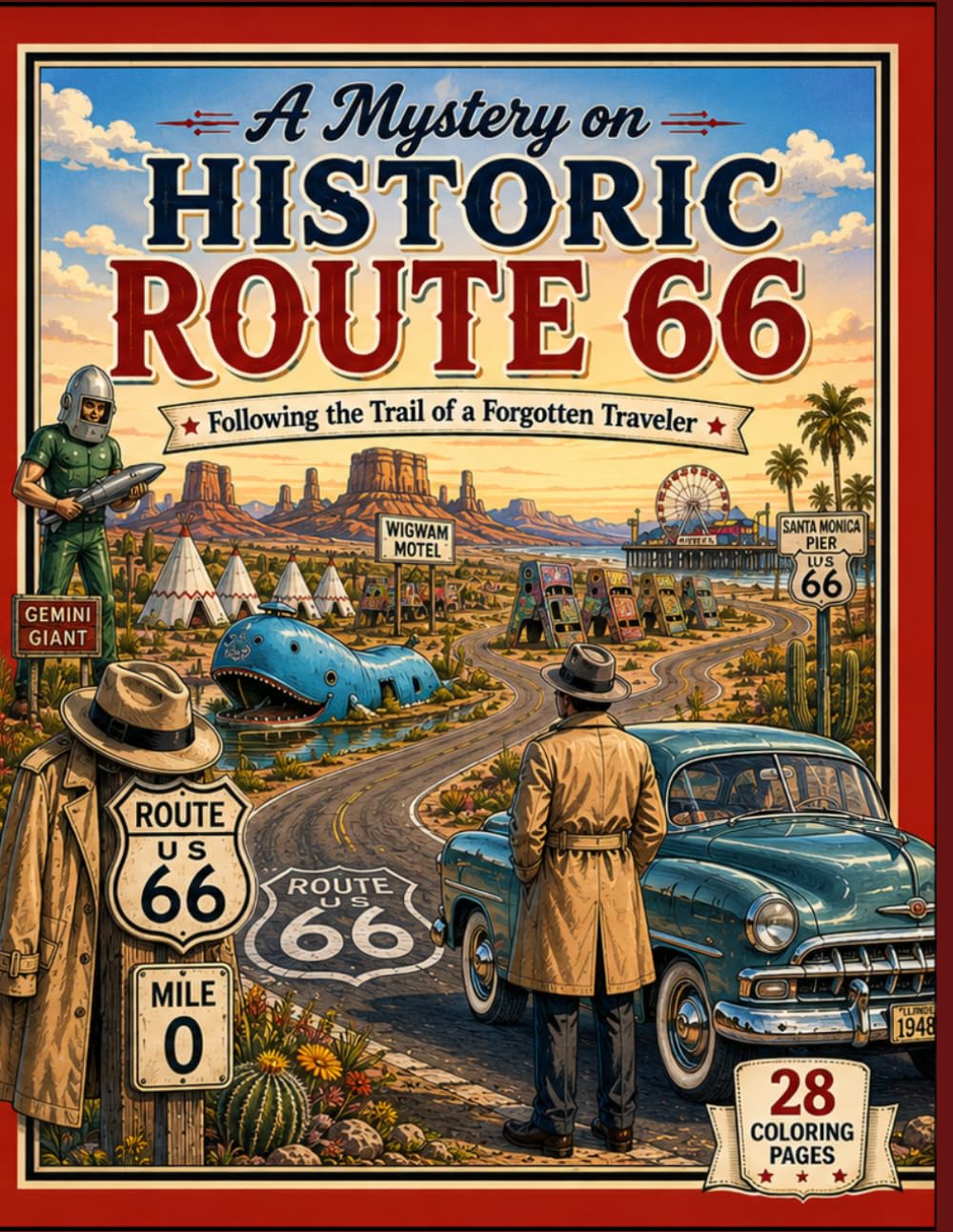 A Mystery on Historic Route 66: Following the Trail of a Forgotten Traveler: A Route 66 Coloring Adventure Featuring America's Mother Road, Roadside Attractions, and Hidden Clues