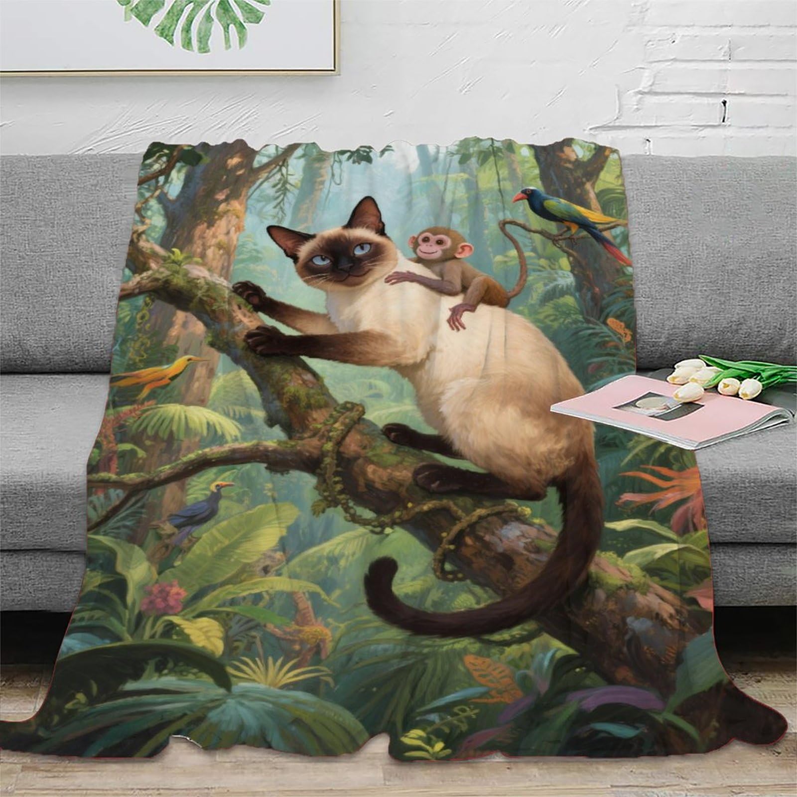 Emyxpaqm Style-9 Fleece Throw Blanket Siamese Cat And Monkey Pattern For Couch, Sofa, Bed, Fluffy, Soft & Warm, Creative Gift For Her Or Him, 60X80inch(150X200cm)