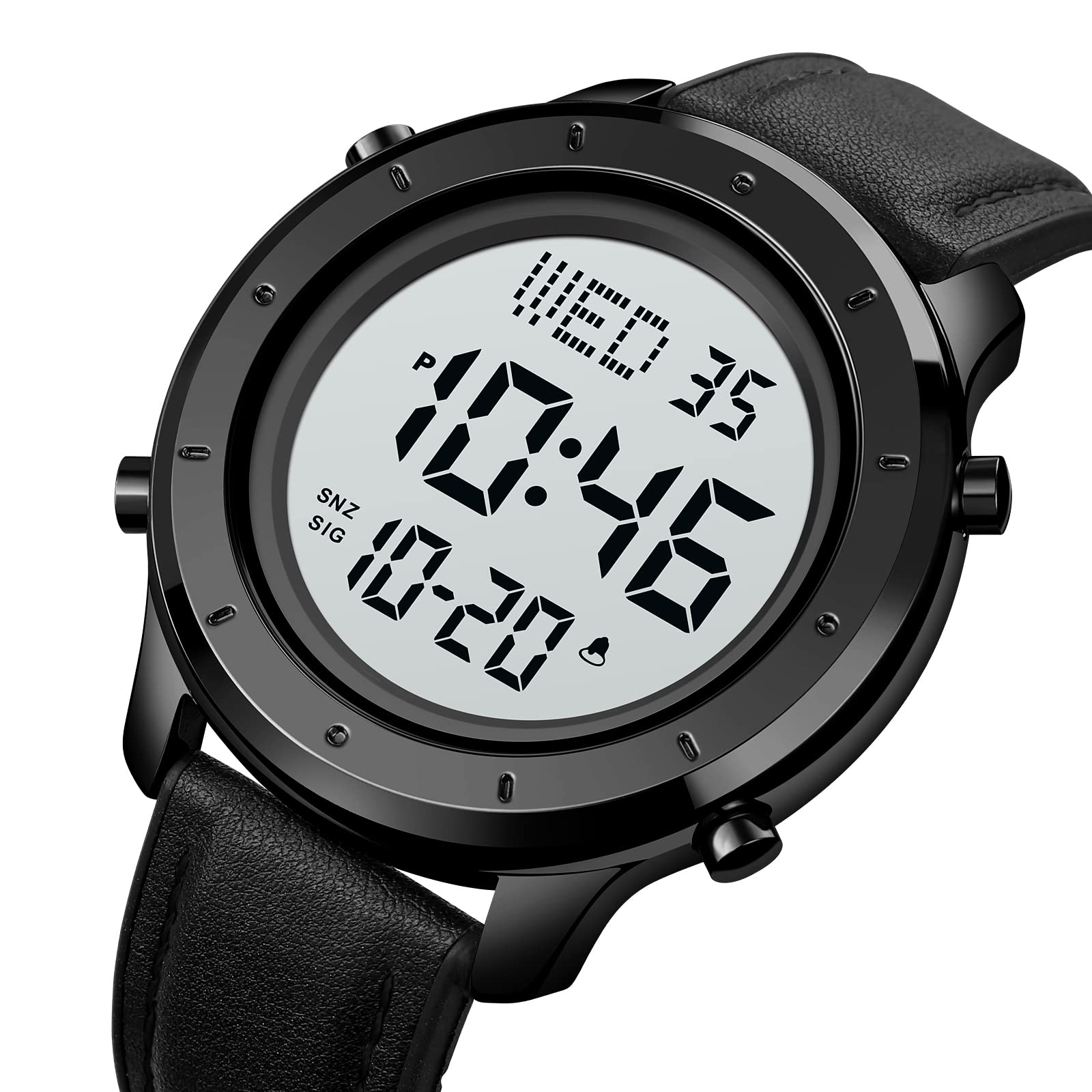 Reloj digital de cuero para hombre, pantalla grande simple, cuenta regresiva alarma, cronómetro, retroiluminación LED, relojes multifunción para negocios, Negro, Casual