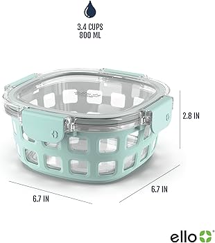 Ello Duraglass container wrapped in a gray protective silicone sleeve