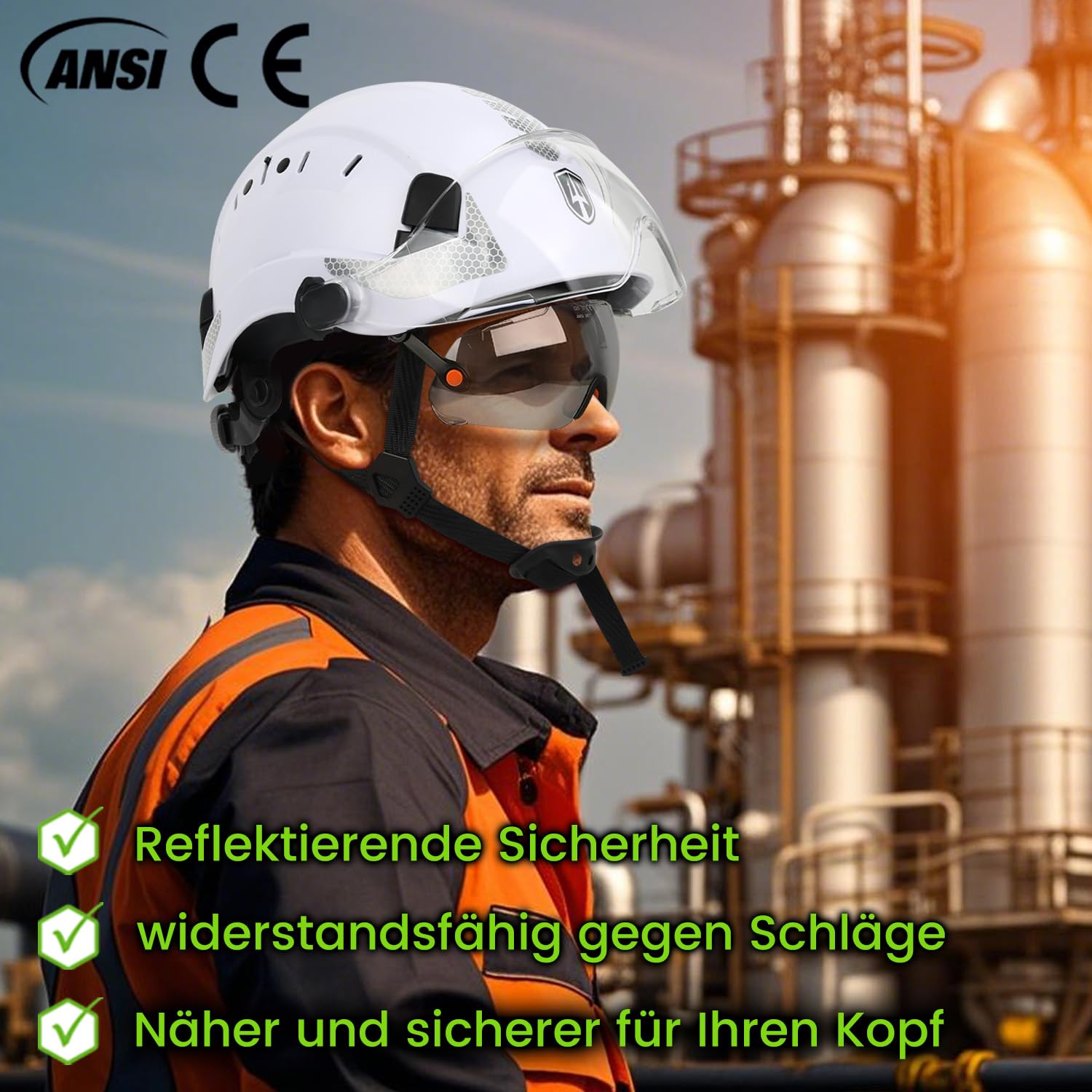 GREEN DEVIL EN397 & EN166 Zertifizierter Industrieschutzhelm mit getöntem + klarem Visier | Sicherheitshelm mit Doppelvisier für BAU, Handwerk & Industrie | Belüfteter ABS-Arbeitsschutzhelm