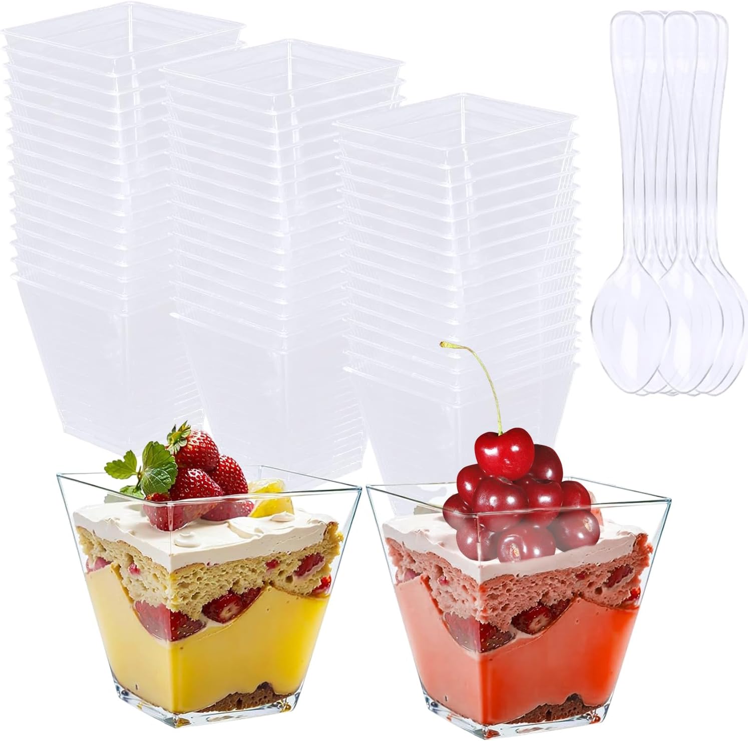 LOSYHU50 Pack 7 oz Square Plastic Dessert Cups with Spoons, Clear Plastic Appetizer Cups Plastic Pudding Cups Small Parfait Cups for Ice Cream Yogurt Fruits Mousse, Disposable or Reusable