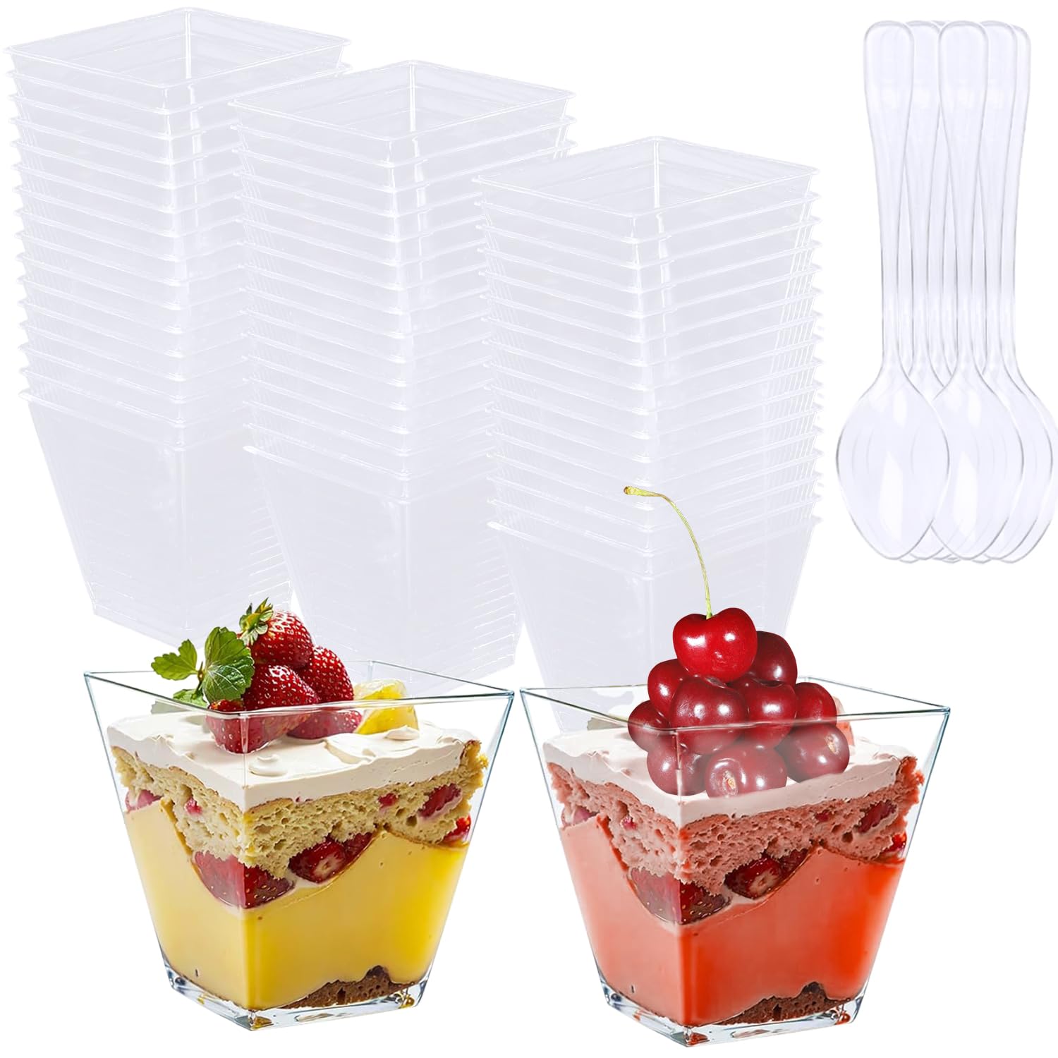LOSYHU50 Pack 7 oz Square Plastic Dessert Cups with Spoons, Clear Plastic Appetizer Cups Plastic Pudding Cups Small Parfait Cups for Ice Cream Yogurt Fruits Mousse, Disposable or Reusable