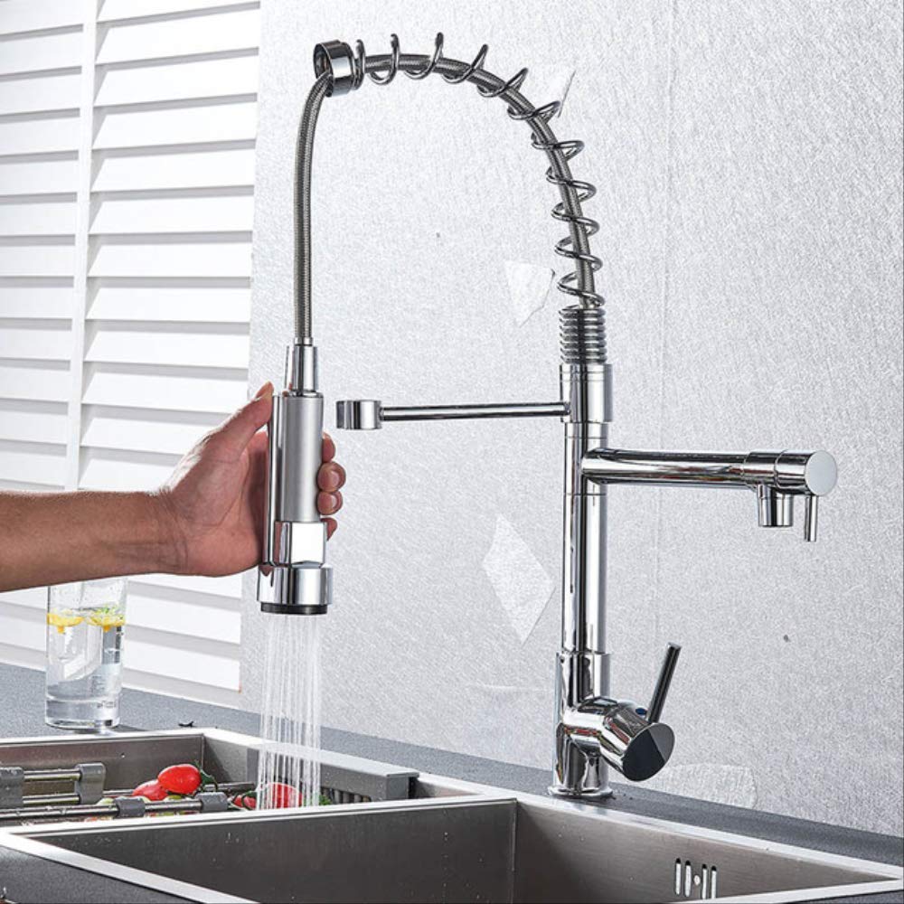 ZYCHSJXA Chrome 360 Degree Rotation Kitchen Faucet Dual Sprayer Swivel Spout Faucets Spring Pull Out Tap Vessel Sink Mixer Taps Style F