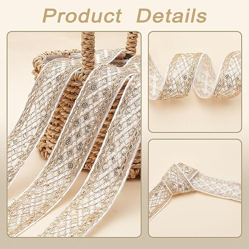 Miniatura 4 de AHANDMAKER 10 yardas de 1.6 pulgadas de tela bordada, cinta jacquard vintage, patrón de rombos metálicos dorados, ribete tejido embridado,