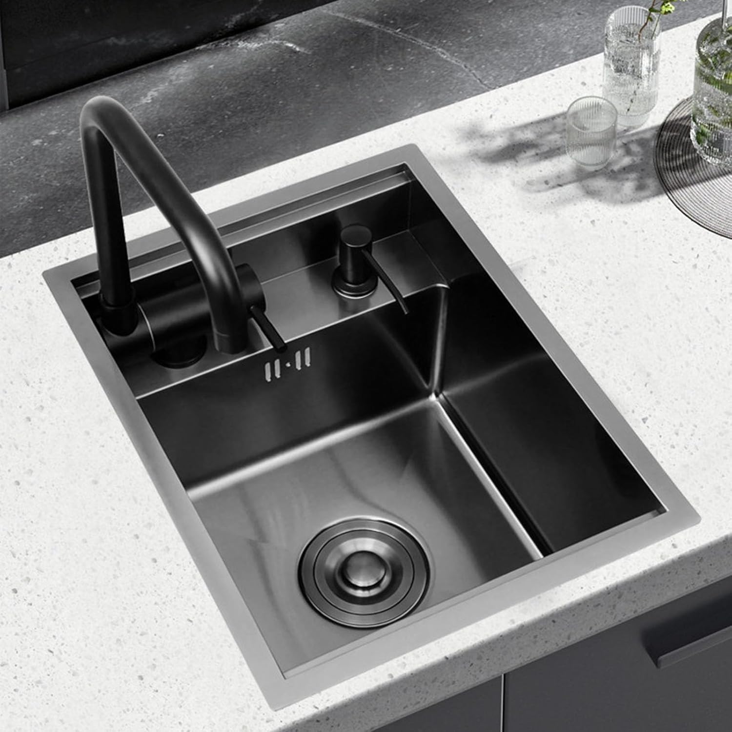 Stainless Steel RV Sink, Camper Sink Bowl with Integrated Ledge Hot and Cold Water Tap, Space Saving for RV, Trailer 13.8x17.7x8.7in