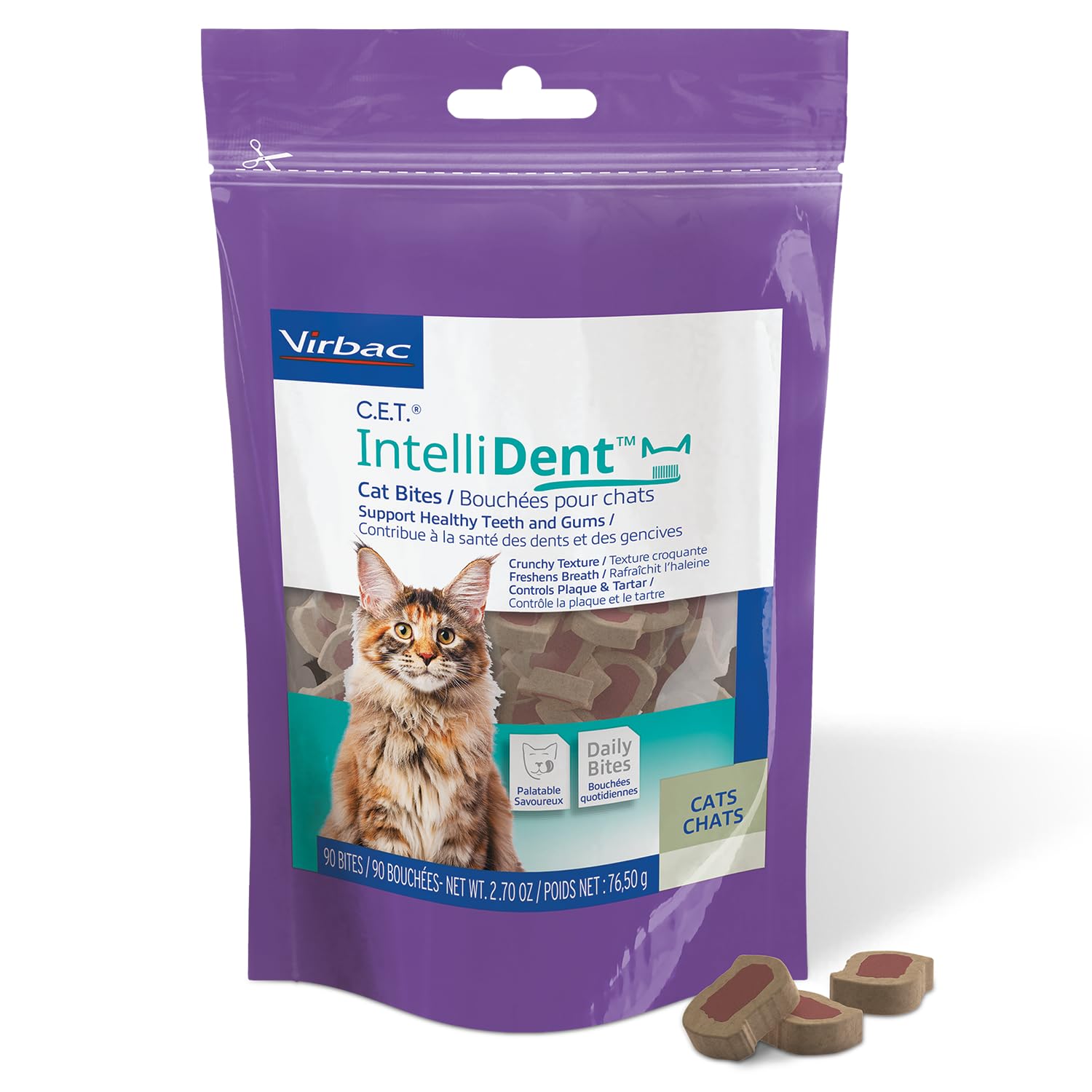 C.E.T. IntelliDent Cat Bites Dental Care Cat Treats for Healthy Teeth and Gums Fresh Breath Chicken Flavor 90 per Bag