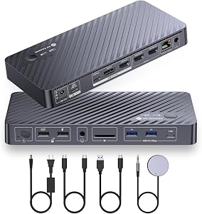 AV Access Docking Station Dual Monitor for Laptop & Desktop, KVM Switch 2 Monitors 2 Computers with Ethernet, EDID, 4K@60Hz Dual Display, 4xUSB-A, 1xUSB-C, Power Supply for Laptop, Audio, SD