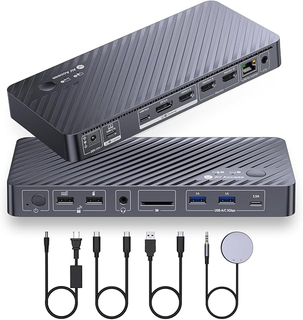 AV Access Docking Station Dual Monitor for Laptop & Desktop, KVM Switch 2 Monitors 2 Computers with Ethernet, EDID, 4K@60Hz Dual Display, 4xUSB-A, 1xUSB-C, Power Supply for Laptop, Audio, SD