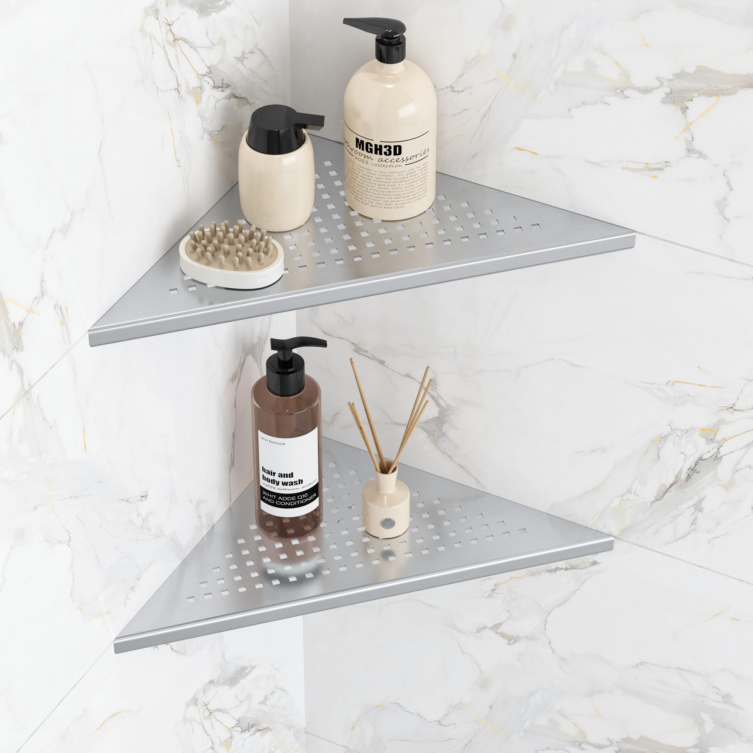 Photo 1 of Qeke Corner Shower Shelves, 10” Recessed Tile Shower Shelf Brushed Nickel, 304 Stainless Steel Grout in Corner Tile Bathroom Shelves, No Drilling, 2 Pack