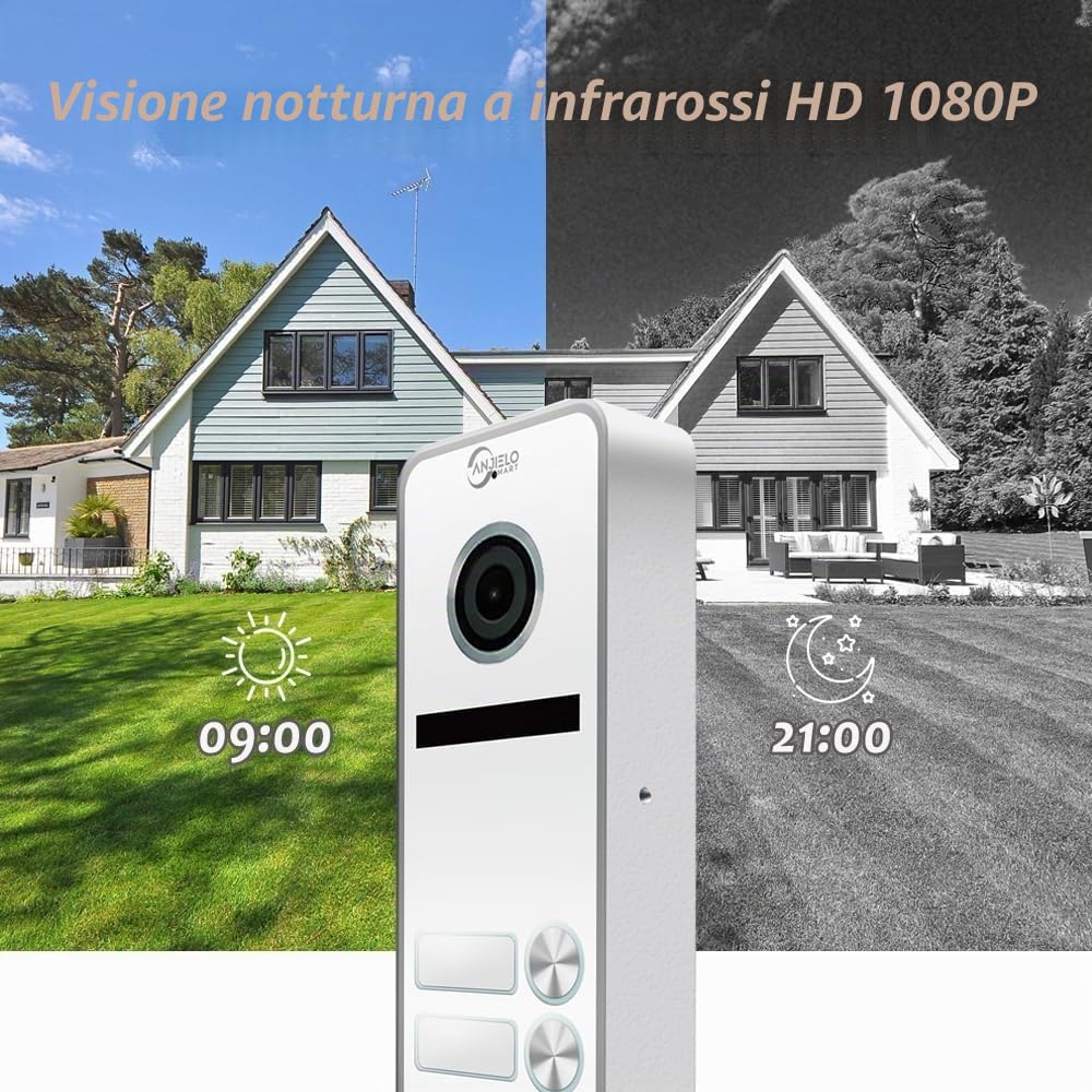 ANJIELO SMART Videocitofono 1080P (Campanello cablato), Campanello per 3 famiglie, Touch Screen da 7 pollici, sblocco Possibile, citofono bidirezionale (bianco)
