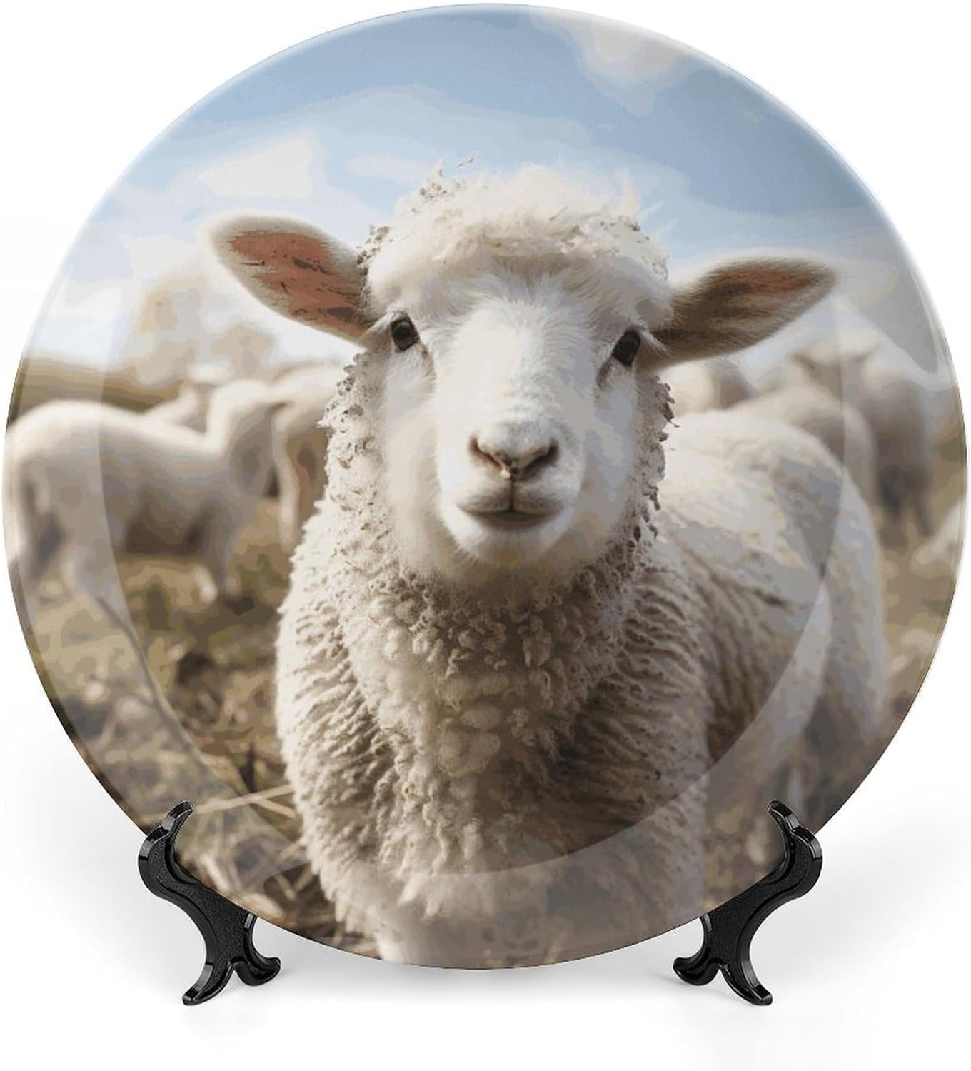 Cute Sheep Lamb Bone China Decorative Plate with Display Stand, Ceramic Ornaments Plate for Wall Hanging, Personalized Porcelain Plates for Office, Living Room 8inch