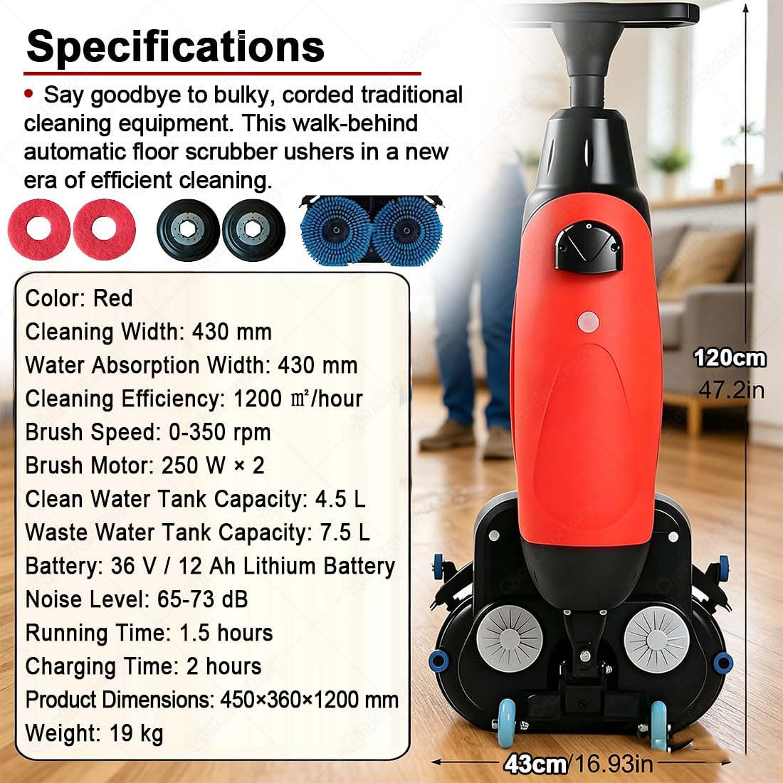 Scrubber Professionale con Serbatoi Separati da 4.5L E 7.5L,Spazzole di Pulizia Motorizzate da 430mm,Soluzione di Pulizia Efficace con Copertura di 1200 M²/H,per Domestico E Commerciale