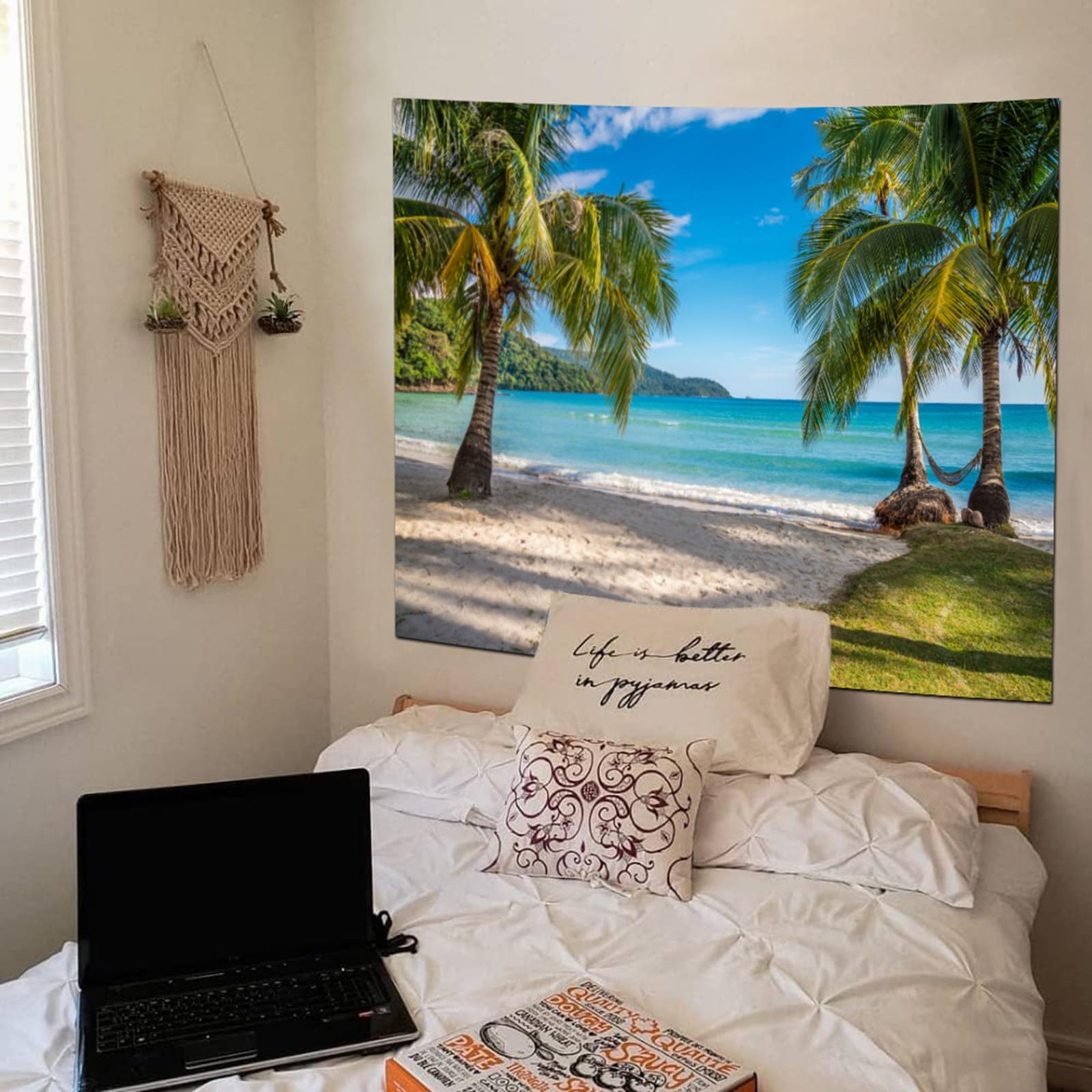 Calefee Tapisserie Murale Chambre L 200 x H 200, Tenture Murale en Polyester avec Motif Paysage Nature Mer, Palmiers