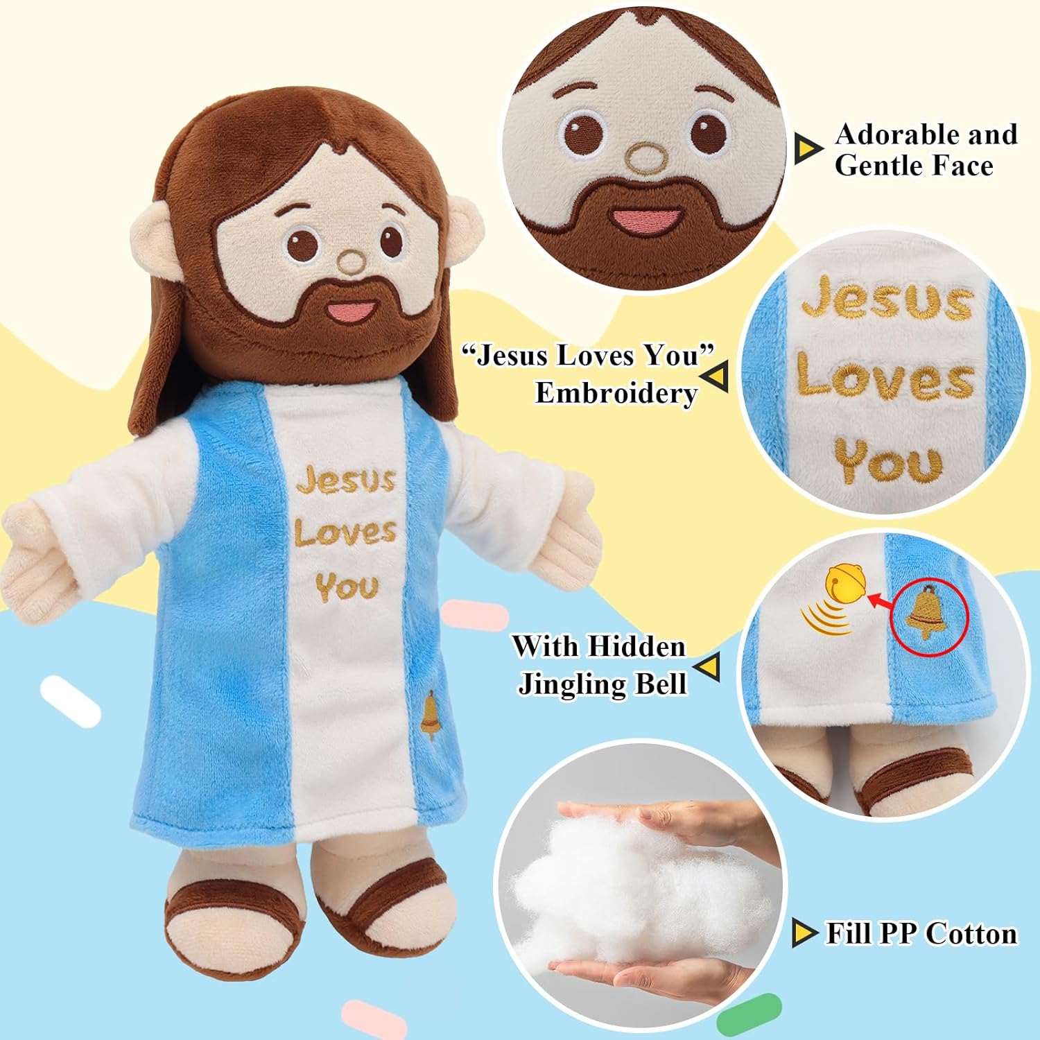 Yelakey Jesus Plush 11.8" Jesus Stuffed Doll Curly Hair Plushies Toys Christian Stuff Religious Party Favors Gifts Christmas Easter Decoration Brown (Brown with Ringing Bell)